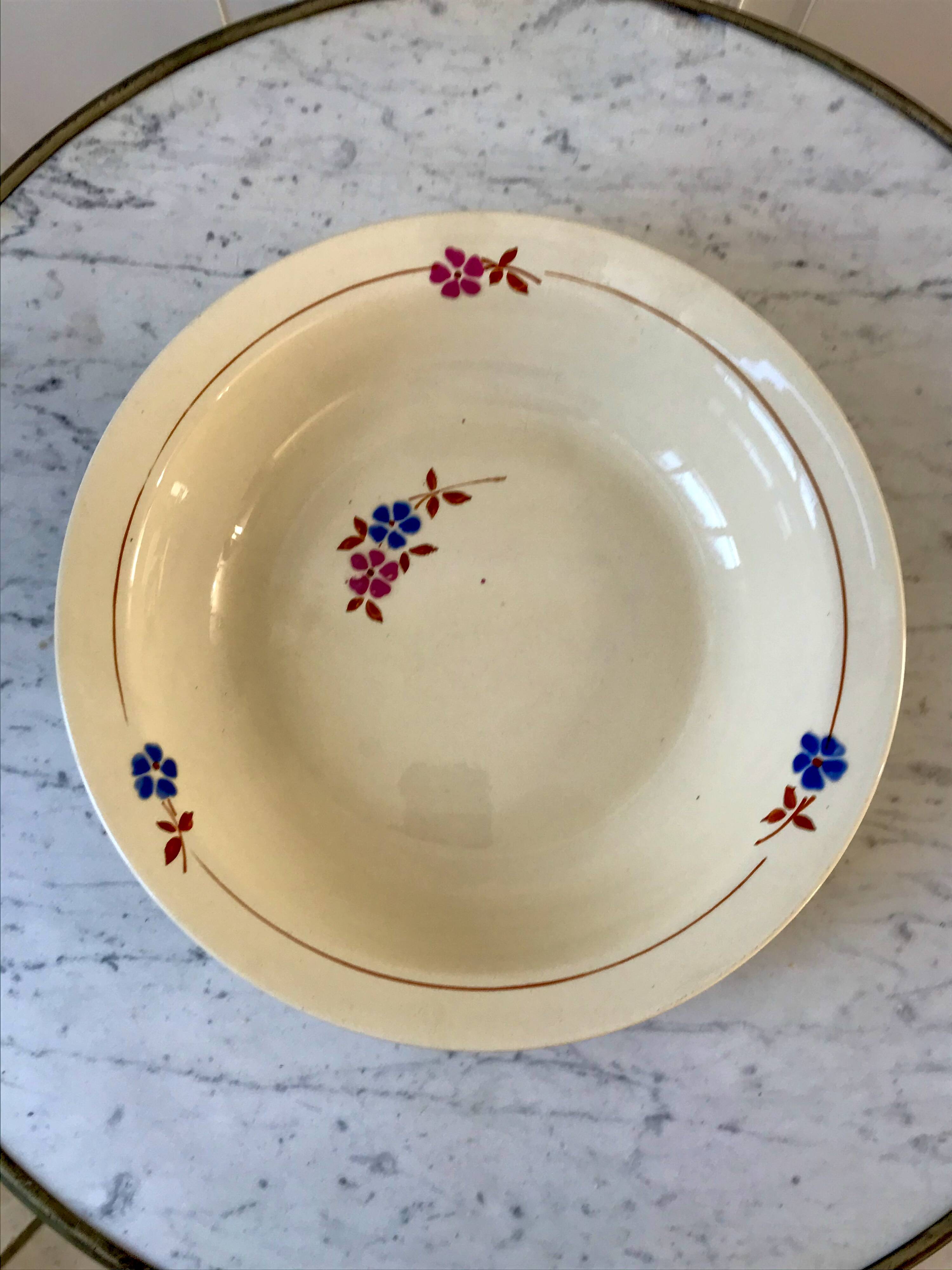 Salad bowl / hollow dish Saint Amand / Céranord hand-painted pink and blue flowers, 1940s
