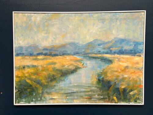 Original Swedish Oil on Canvas – “River Landscape with Mountains”  Vintage