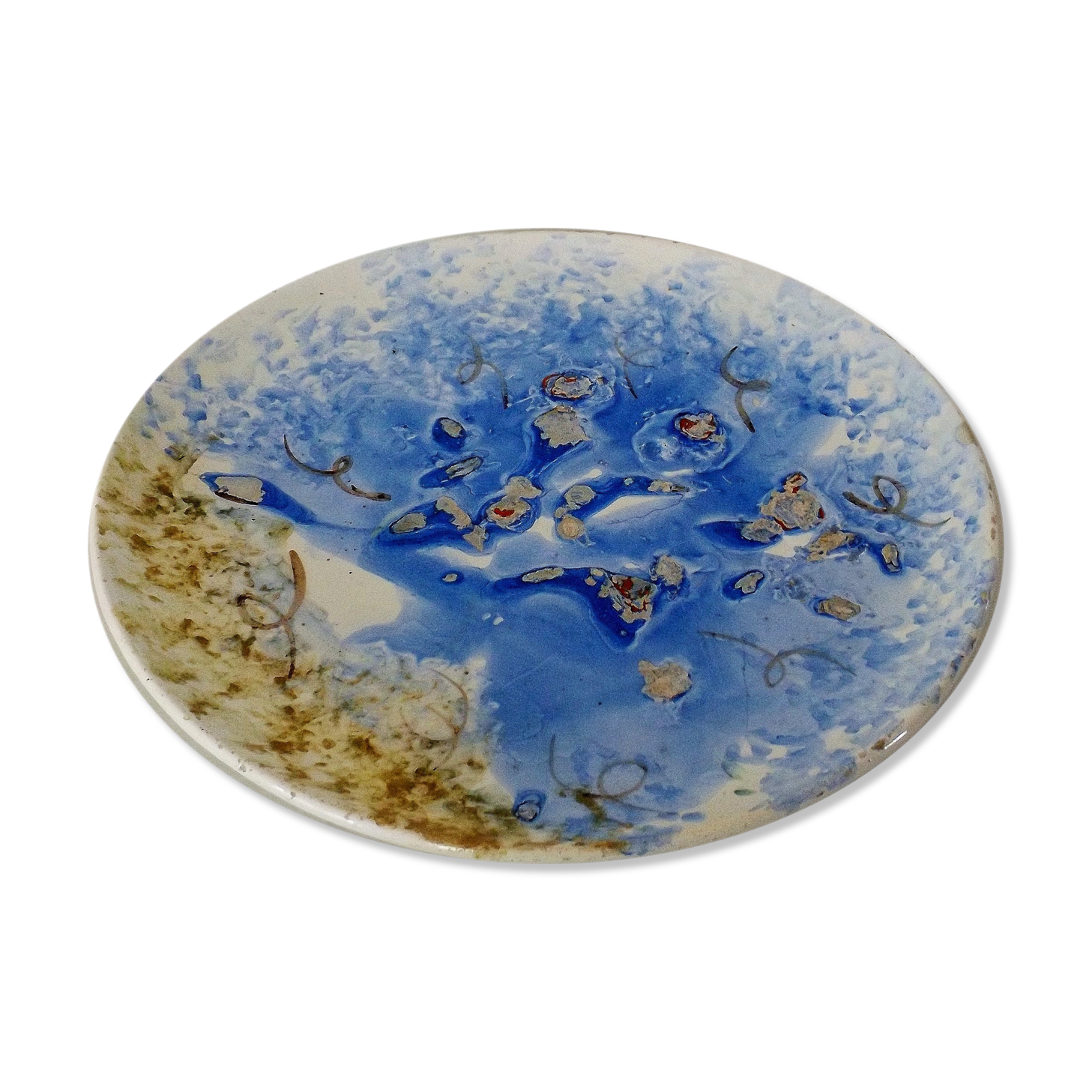 Ceramic plate / dish blue enamelled decoration, circa 1970