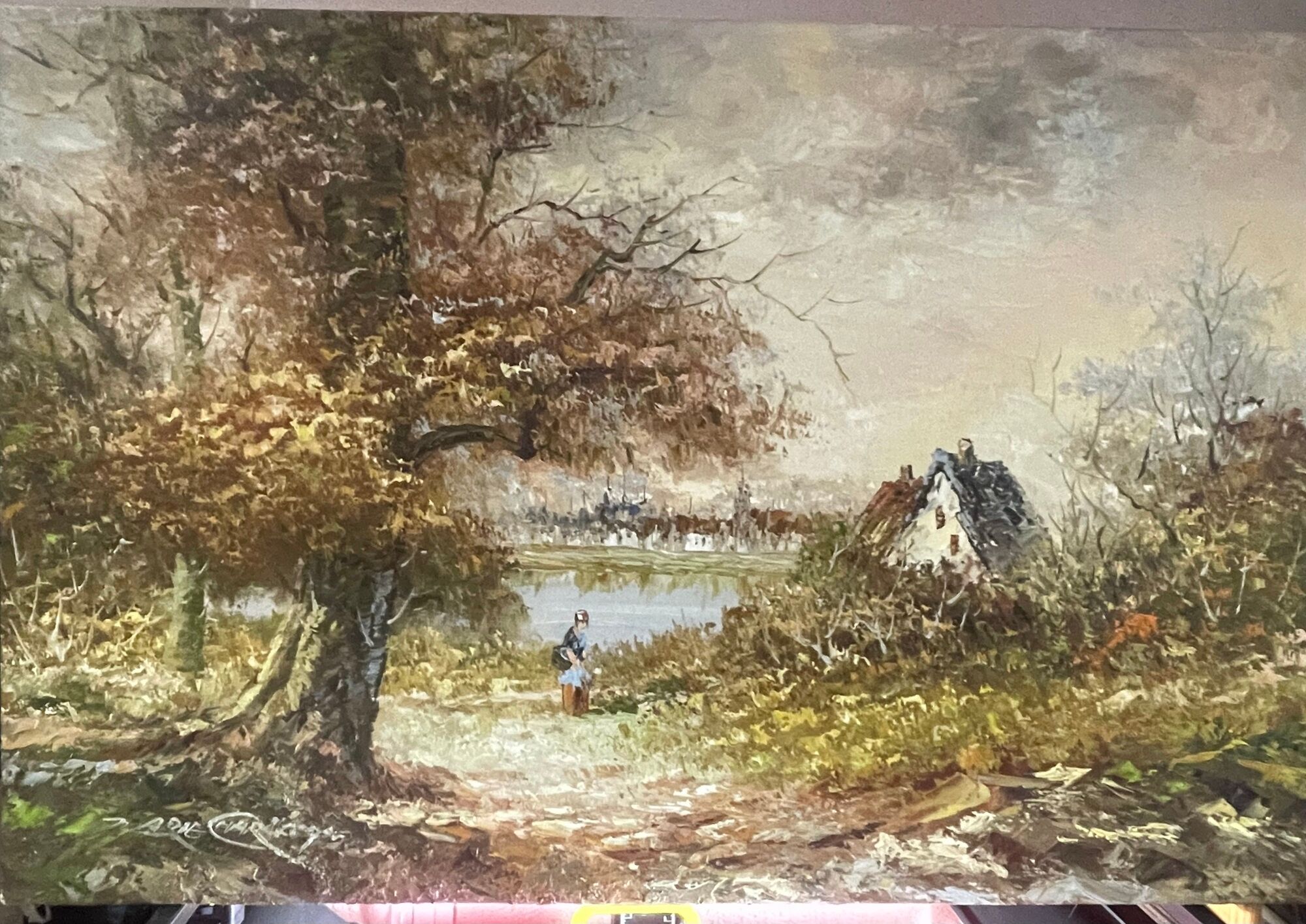 Oil painting on canvas animated lake landscape signed