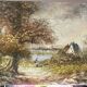 Oil painting on canvas animated lake landscape signed