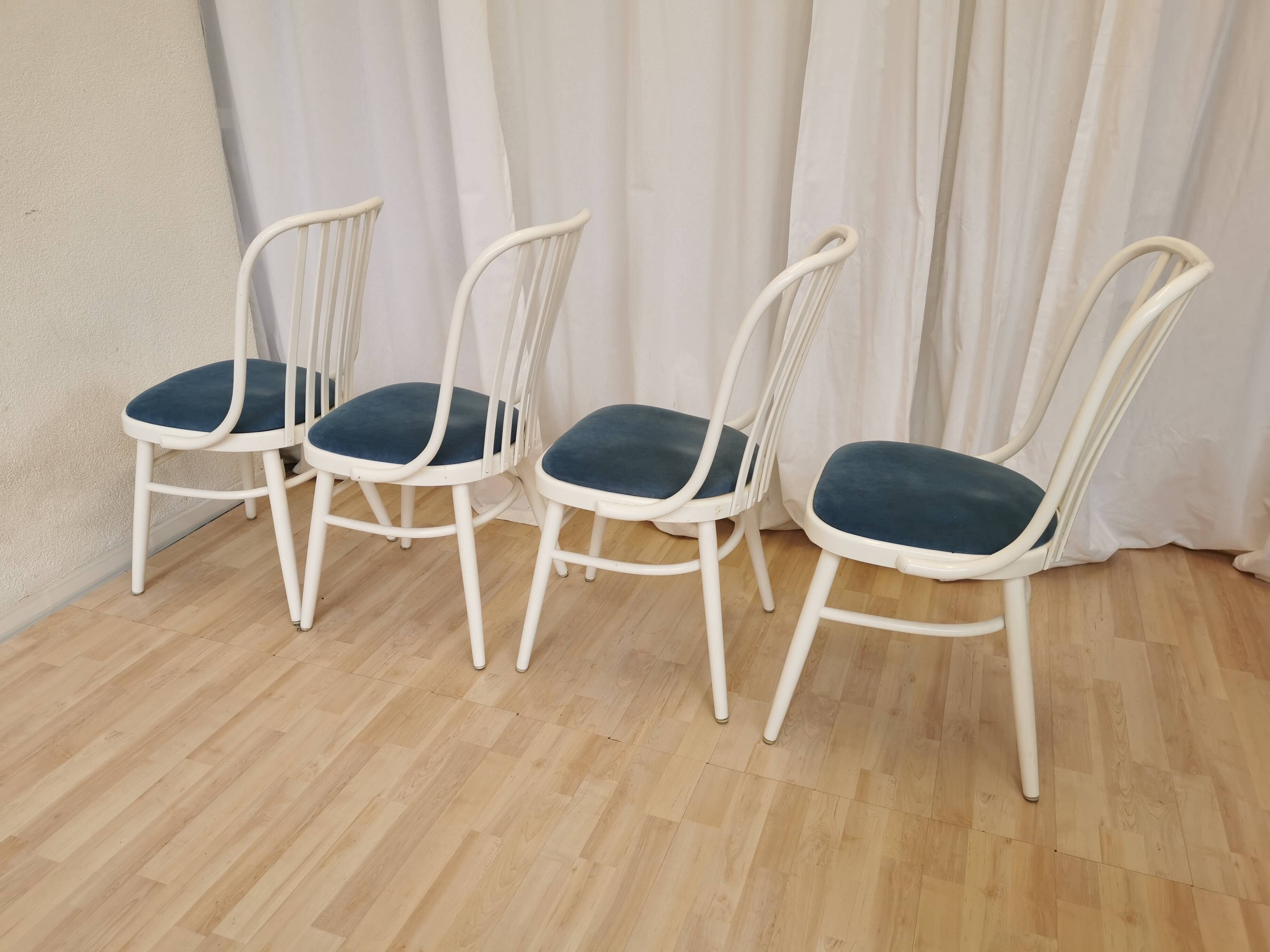 Set of 4 Vintage Bentwood White Dining Chairs in Ligna Style wit Blue Seat