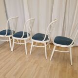 Set of 4 Vintage Bentwood White Dining Chairs in Ligna Style wit Blue Seat