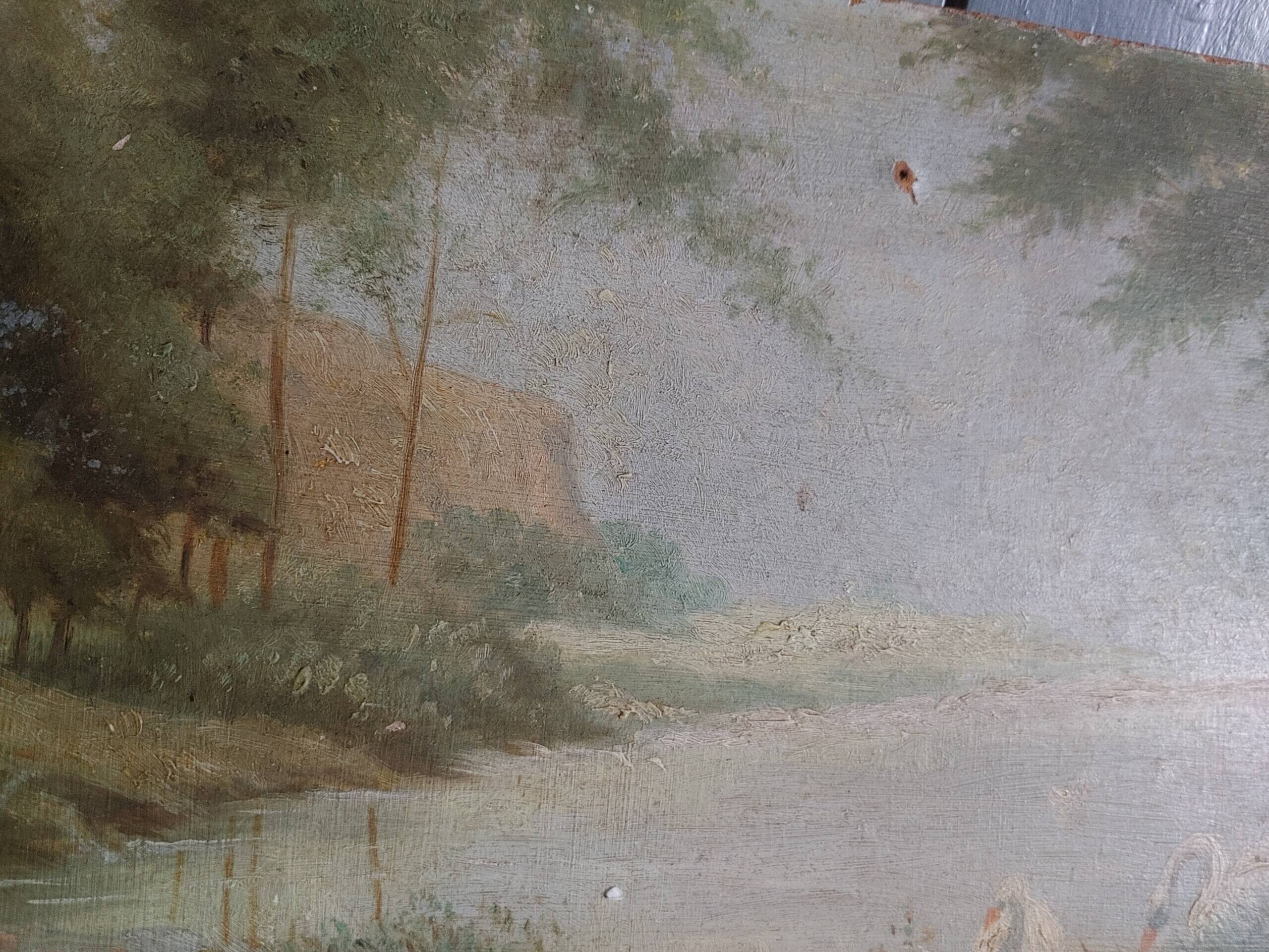 Old oil on rigid cardboard depicting swans on the water