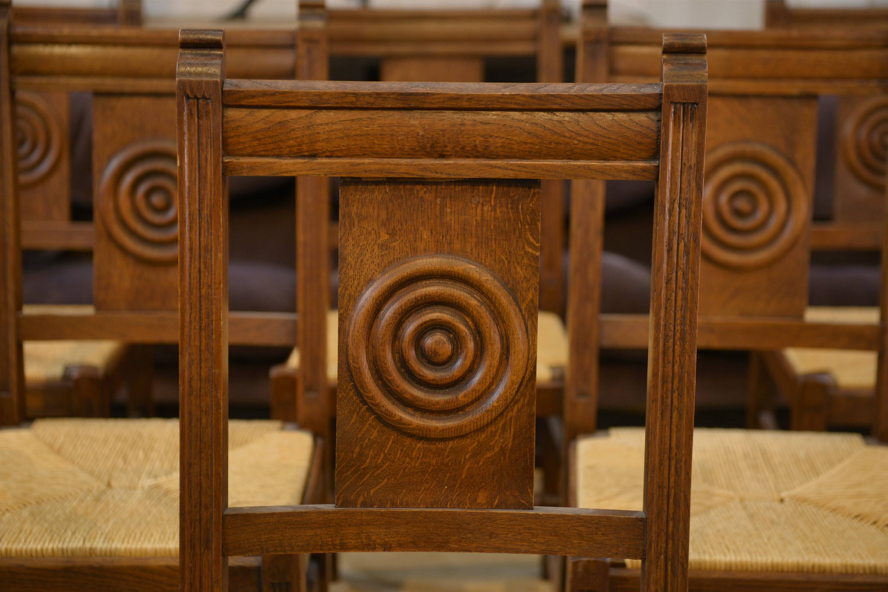 Set of 6 brutalist oak chairs from the 1950s.