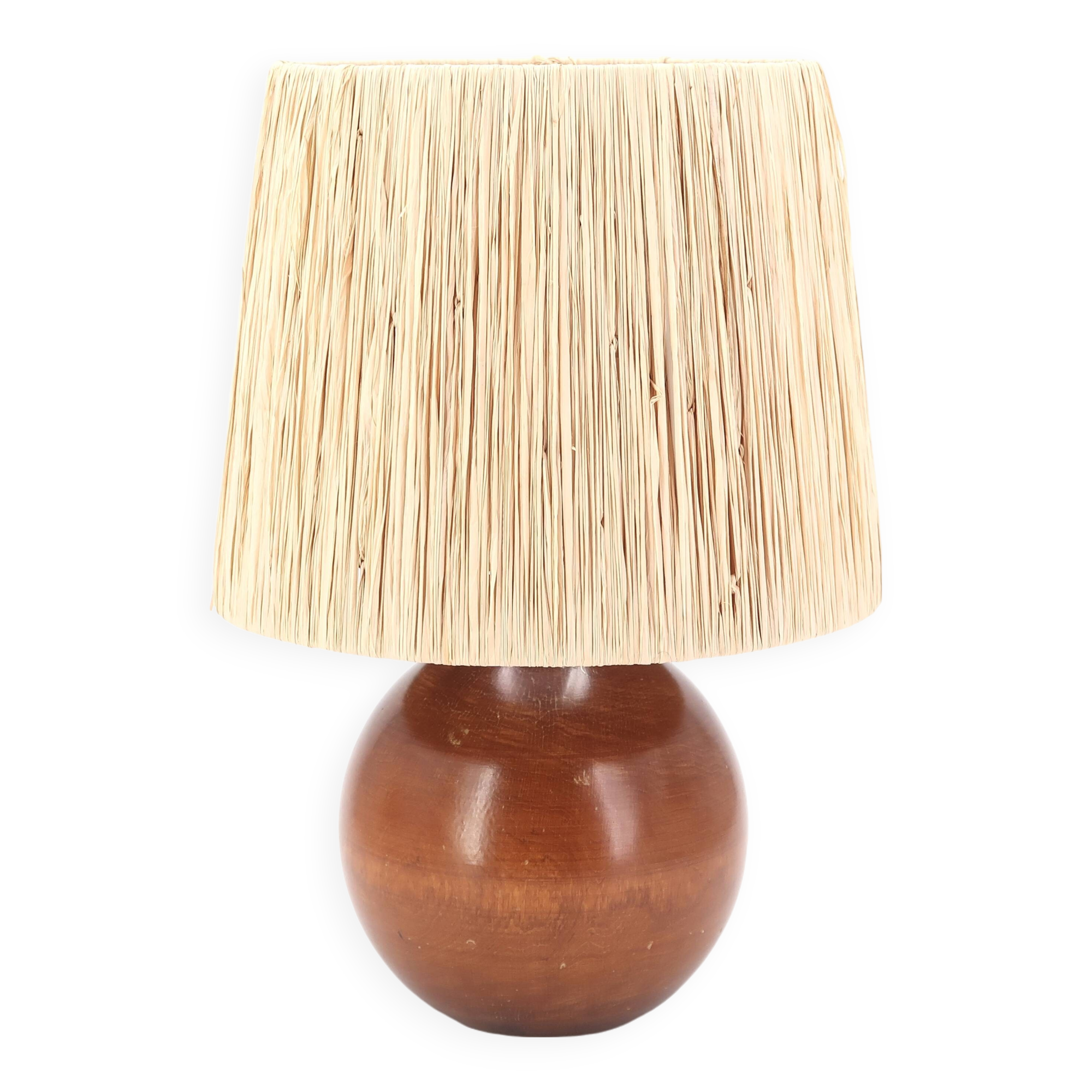 Italian wooden ball lamp, raffia lampshade, 1970s