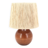 Lampe boule italienne en bois, abat jour en raphia, années 70