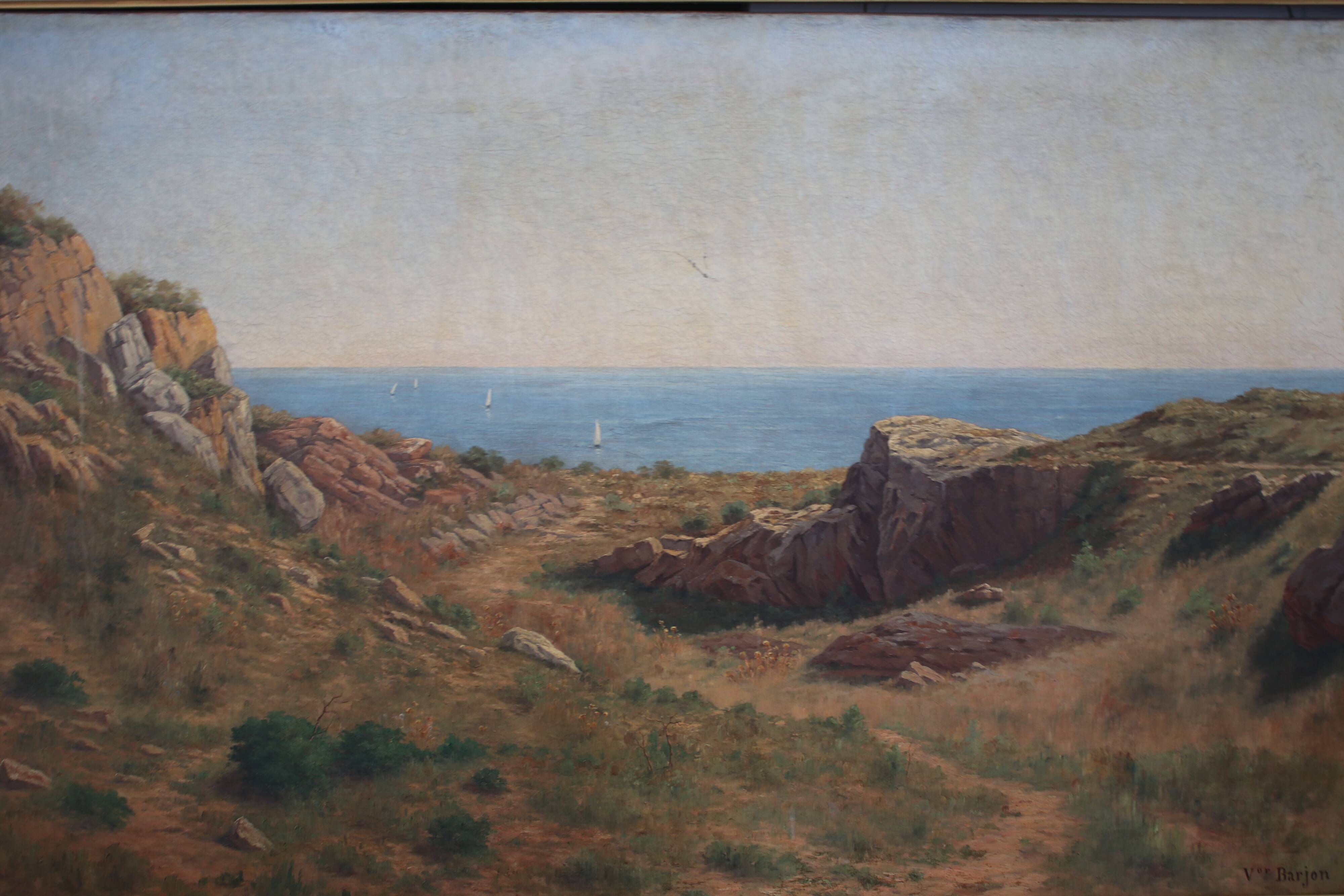 Painting Oil on Canvas Framed, signed Victor Barjon (1845-1920), Cote Rocheuse Bretagne