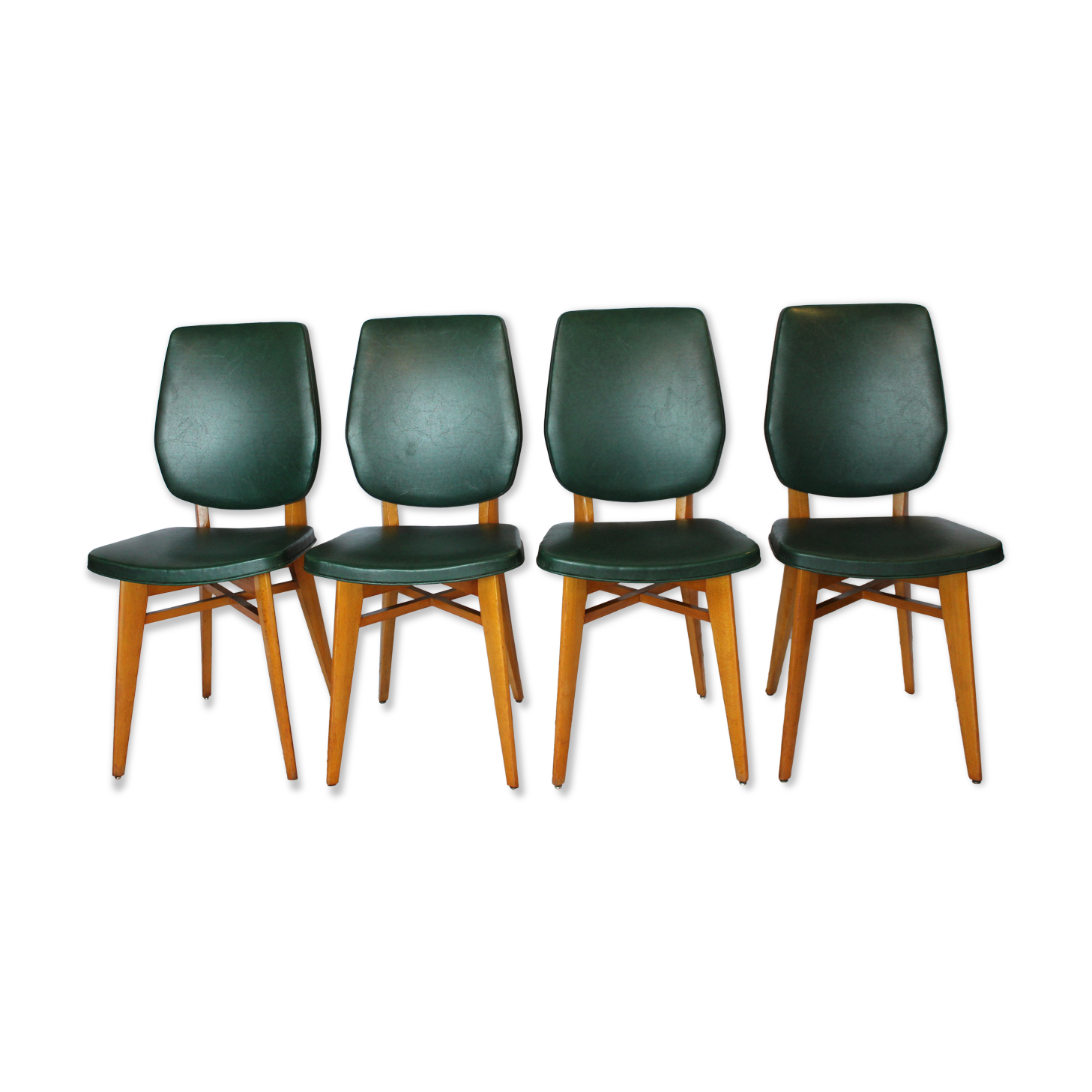 Set of 4 vintage chairs wood and skai green