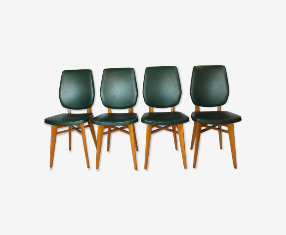 Lot de 4 chaises vintage bois et skaï vert