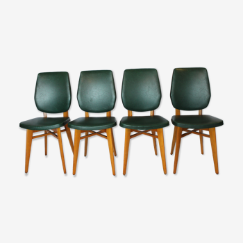 Set of 4 vintage chairs wood and skai green