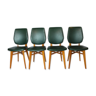 Set of 4 vintage chairs wood and skai green