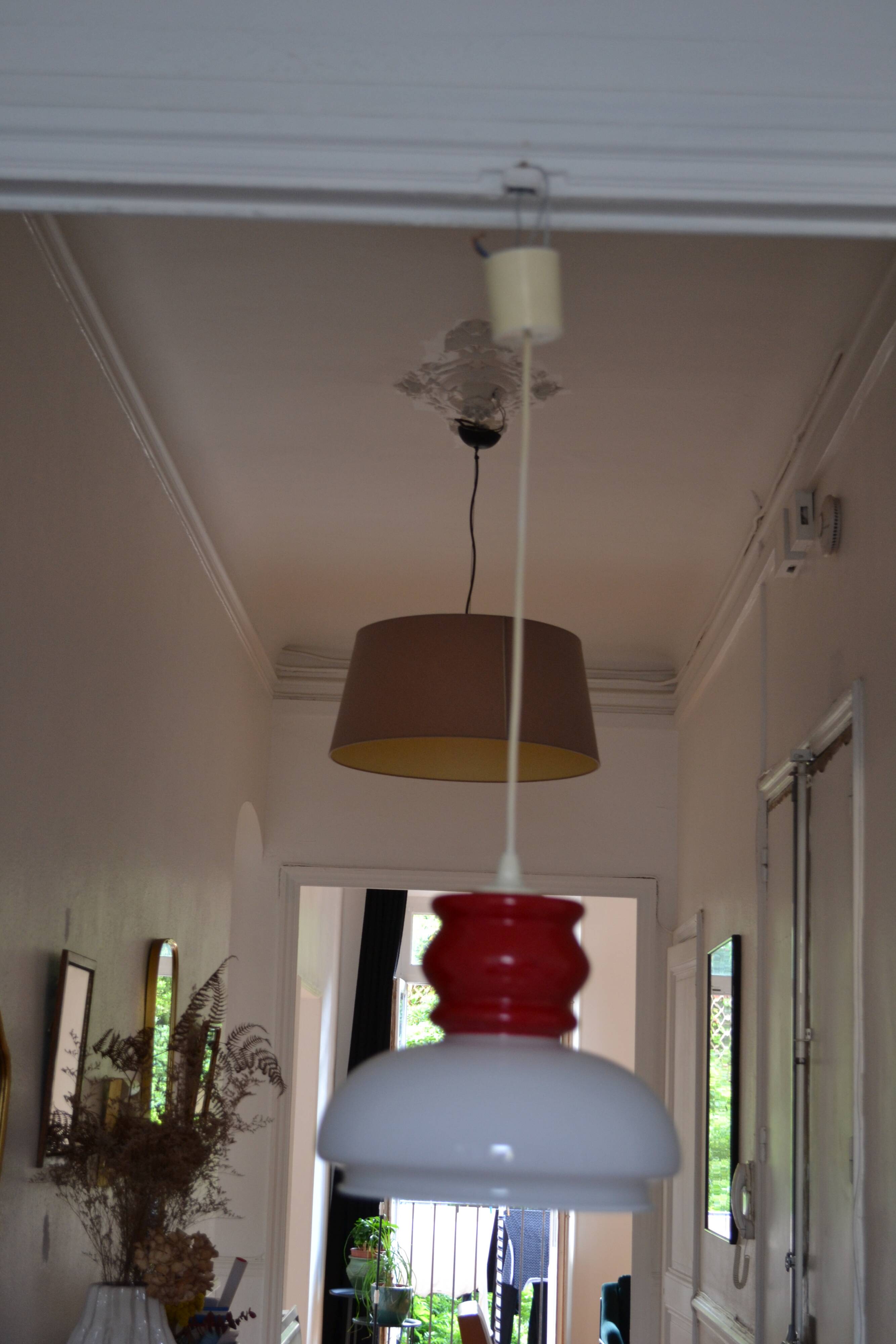 White and red opaline glass chandelier vintage 1970 space age