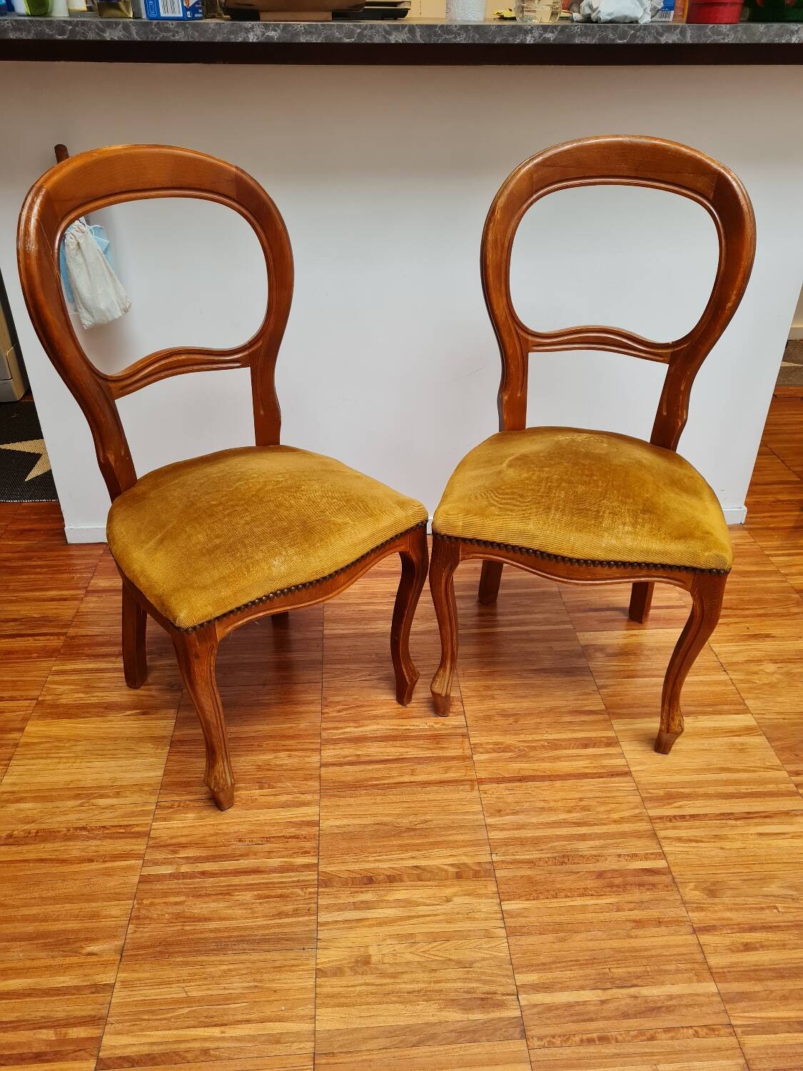 Pair of wooden chairs with velvet seats
