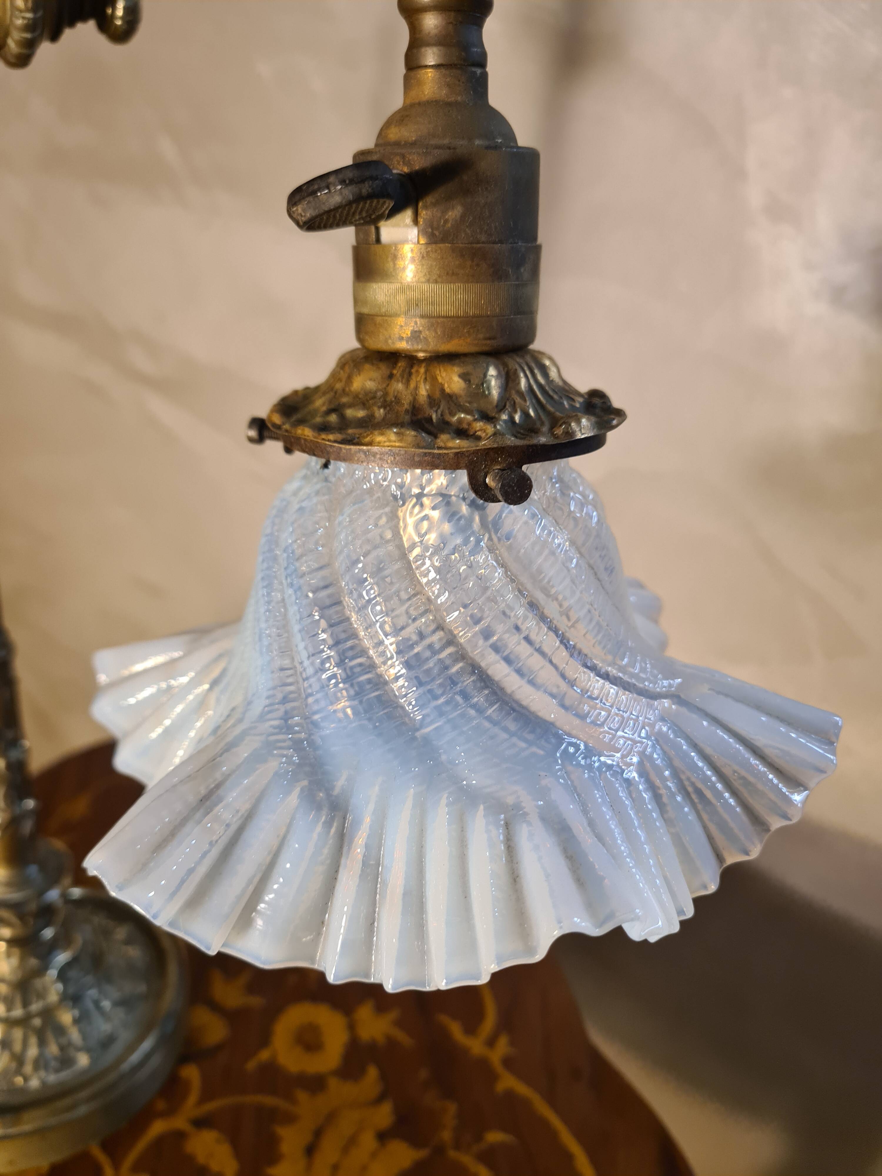 antique Art Nouveau lamp from 1890 to 1910 with blue opalescent lace glass