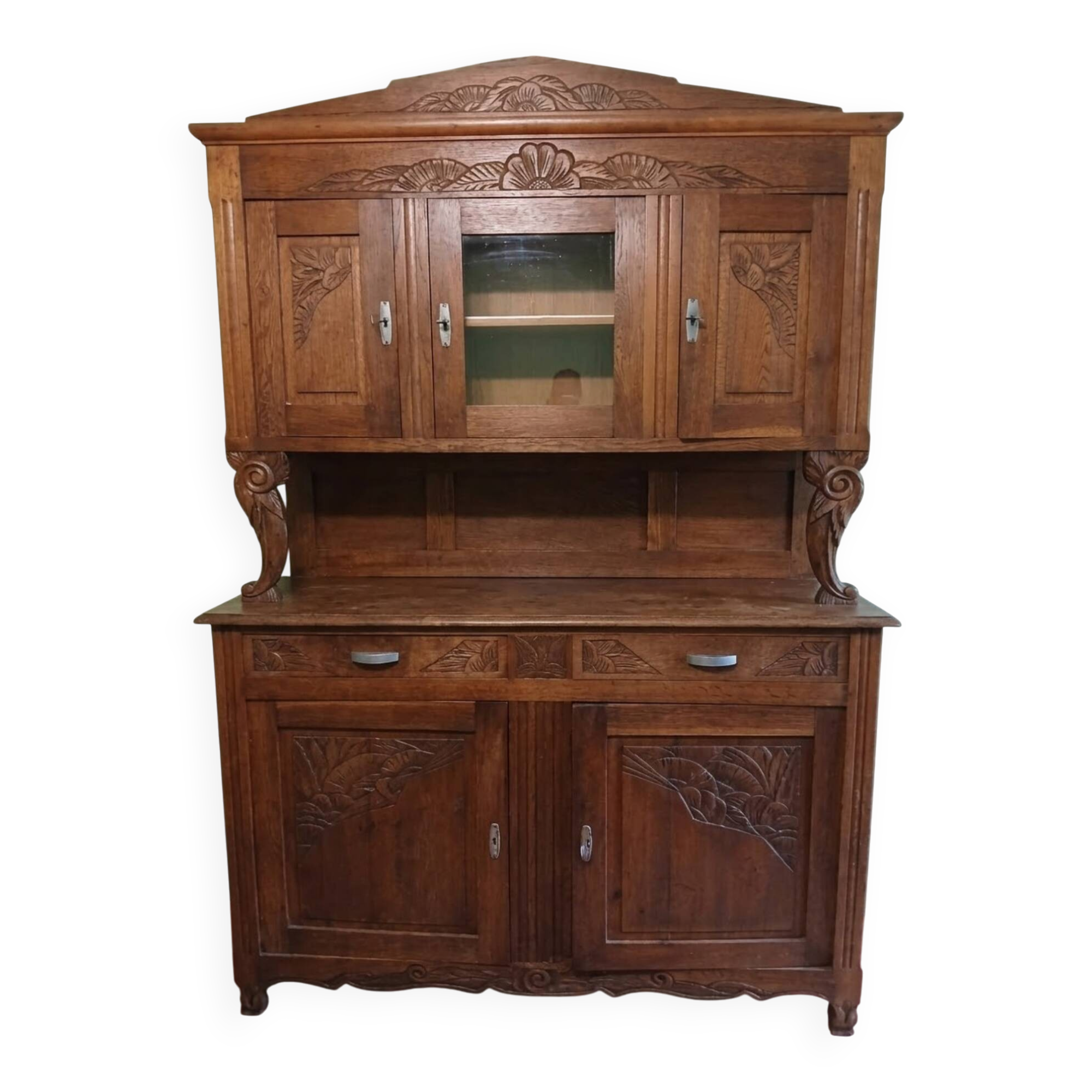 Art Deco Two-Door Buffet - Carved Oak - 1930s
