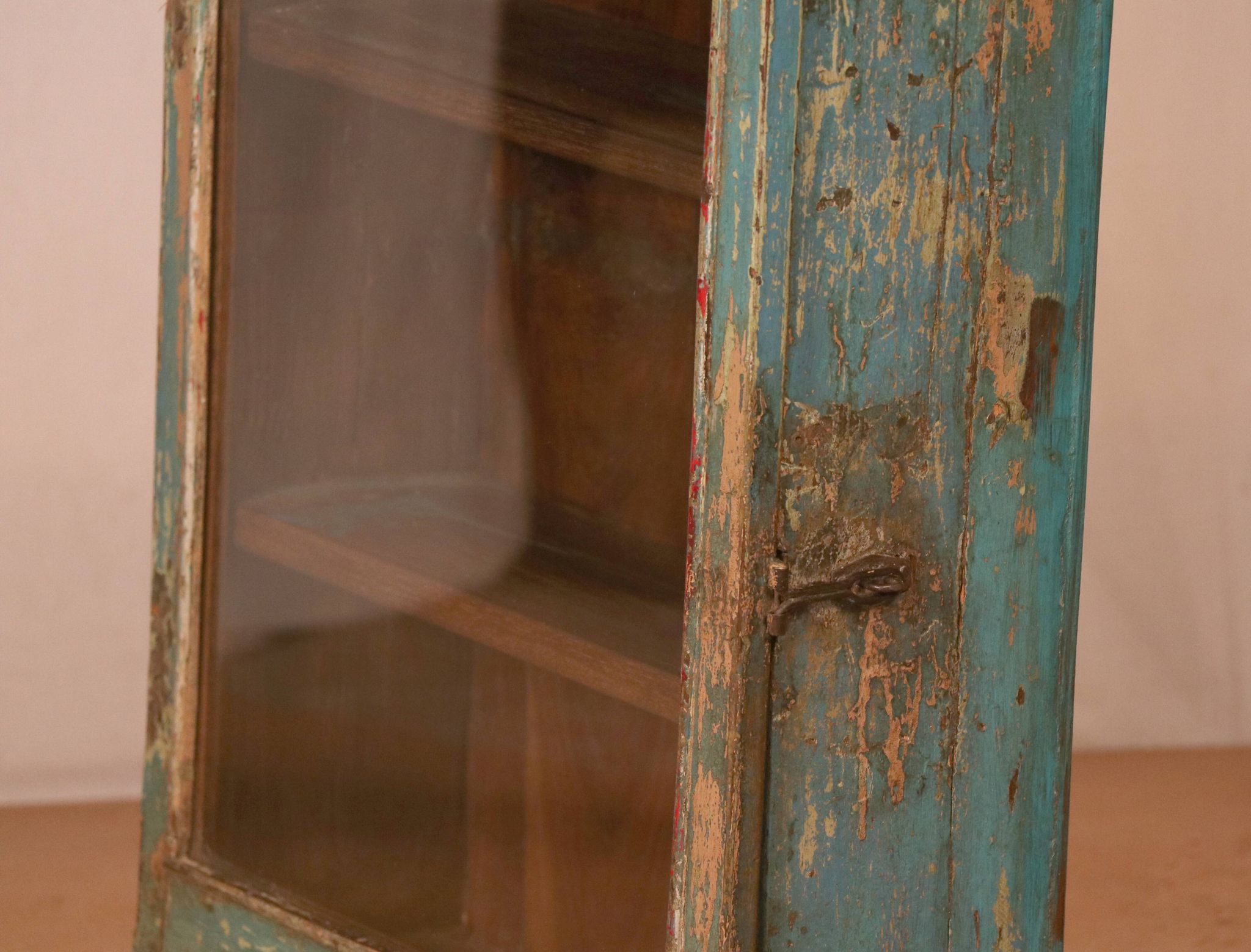 old Art Deco wall display case in original blue teak Burmese patina