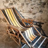 Vintage French folding lounge chair – 1950s/60s in beech with striped canvas, adjustable recliner