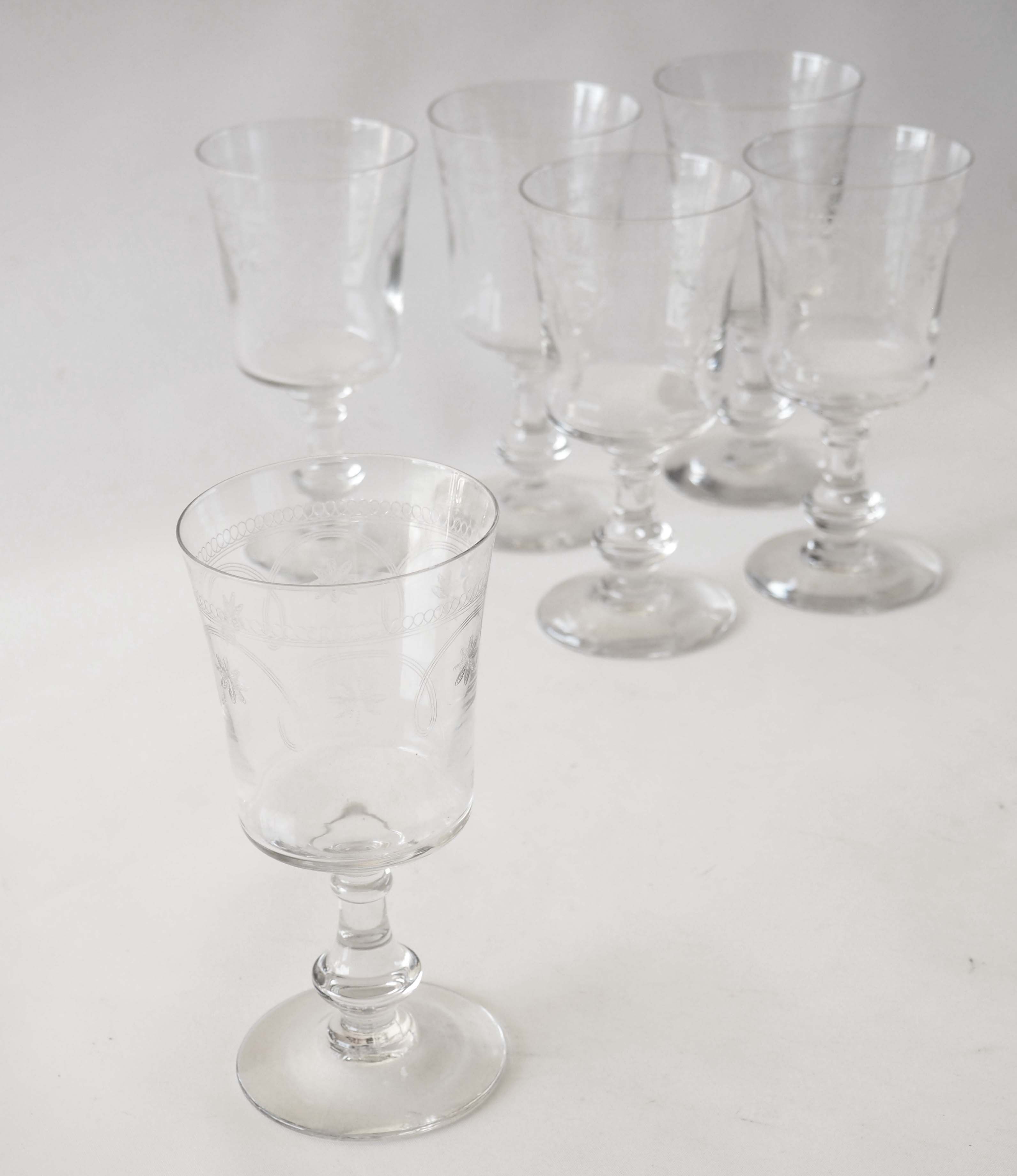 6 engraved antique wine glasses