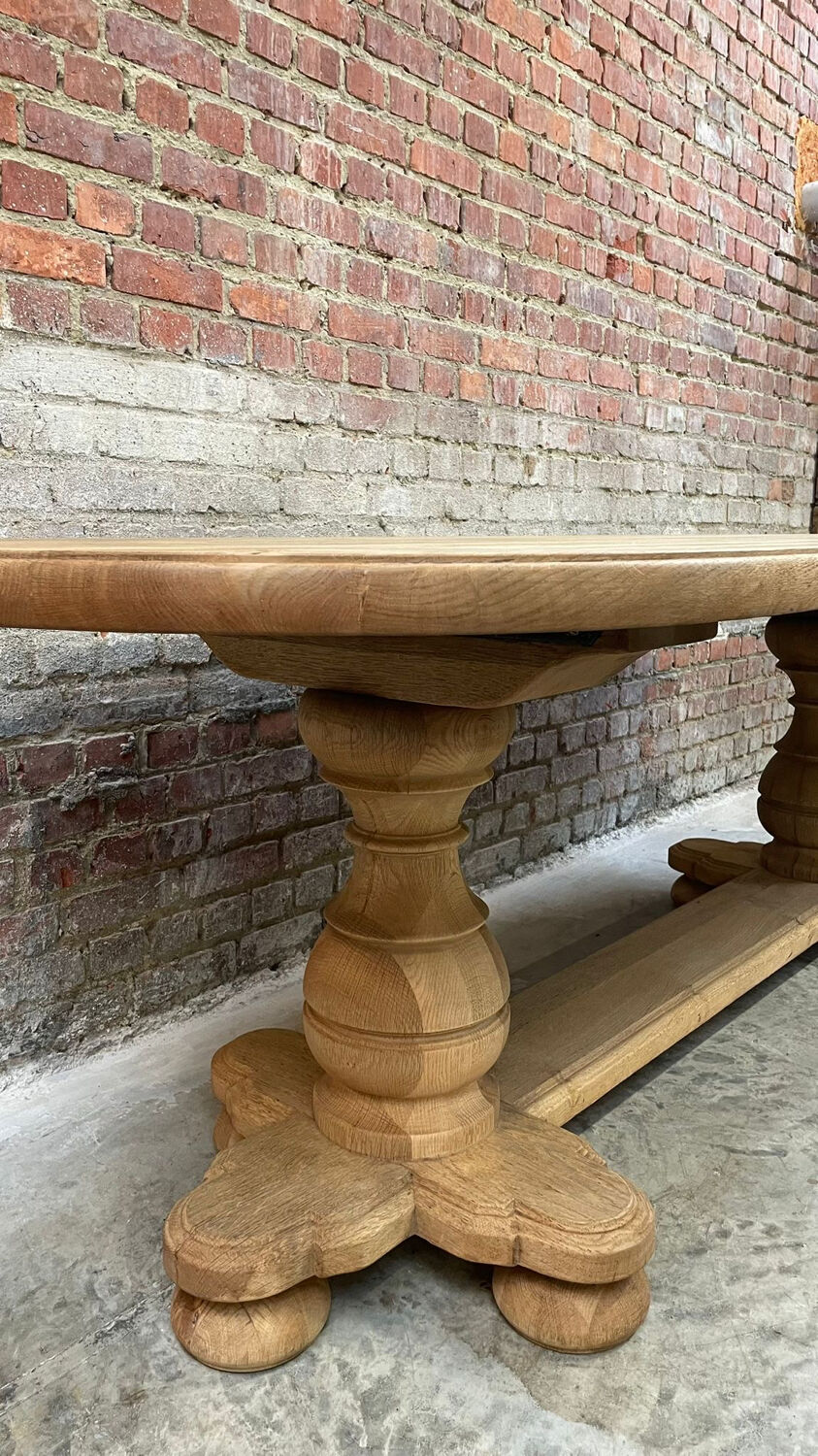 Massive oval monastery table made of bleached oak with turned legs
