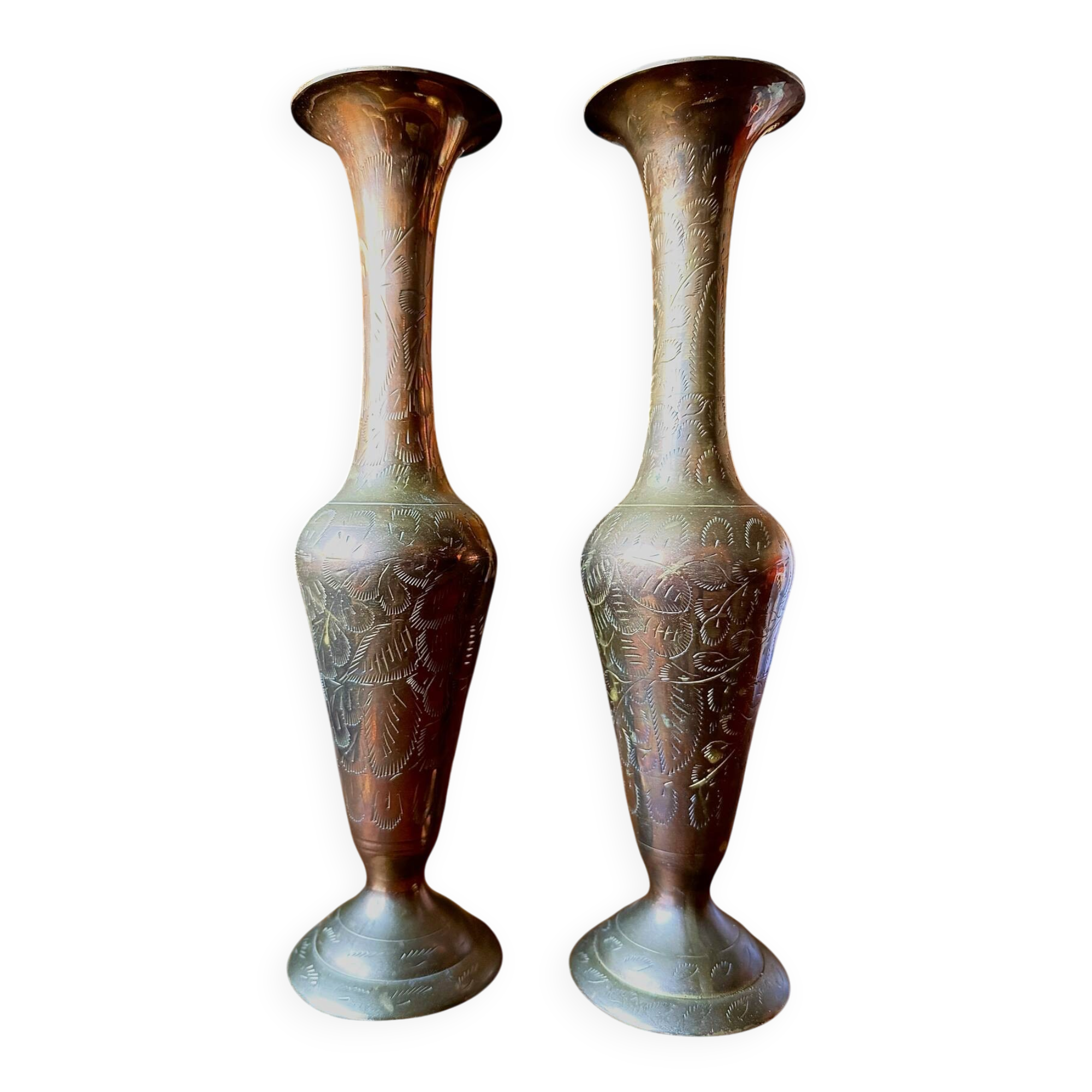 Pair of vintage brass hand-engraved flower vases.