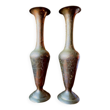 Pair of vintage brass hand-engraved flower vases.