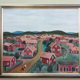 Peinture à l’huile de paysage de style naïf suédois du milieu du siècle, encadrée