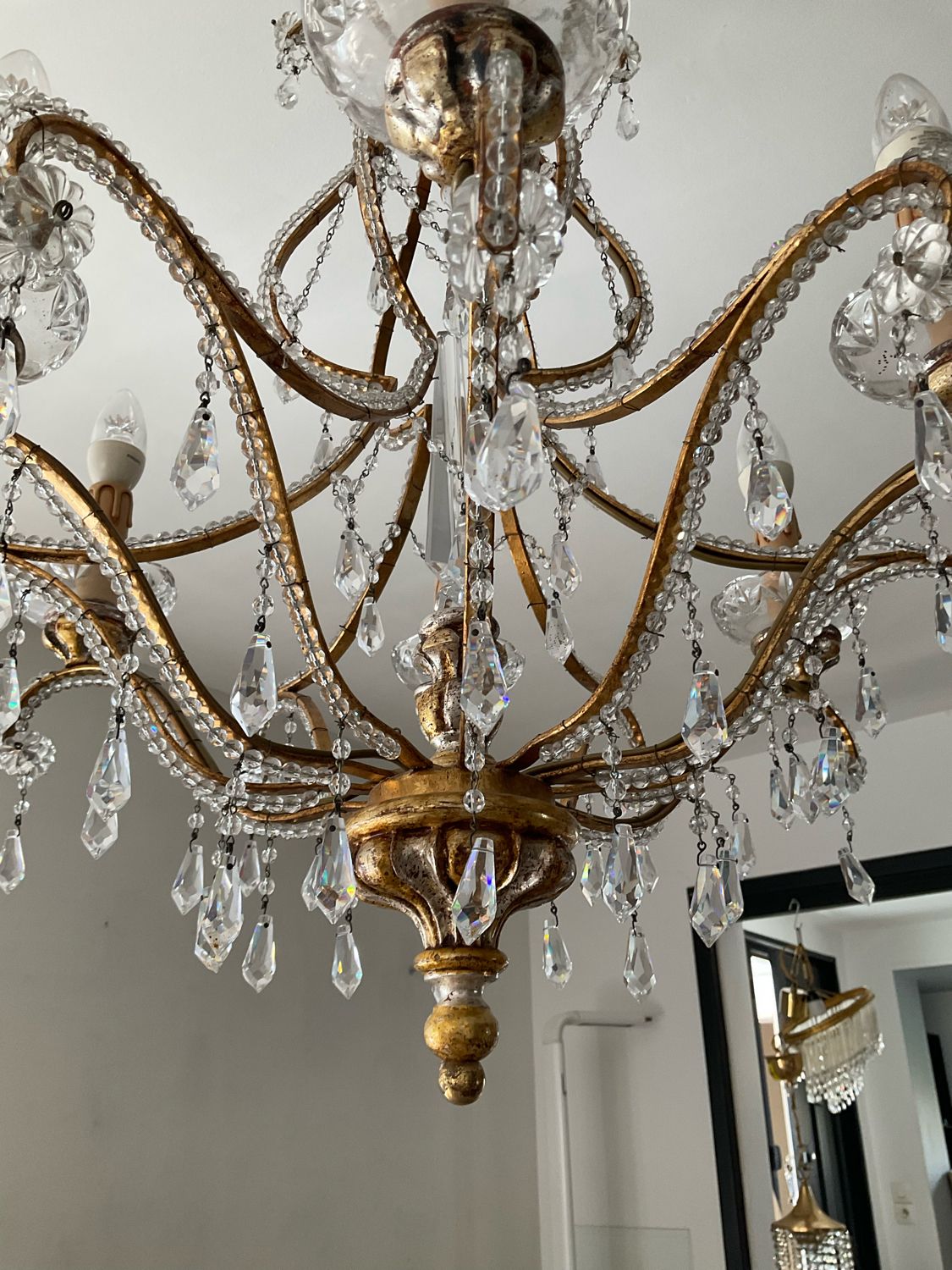 Old Venetian chandelier with Bohemian crystal tassels and gilded wood