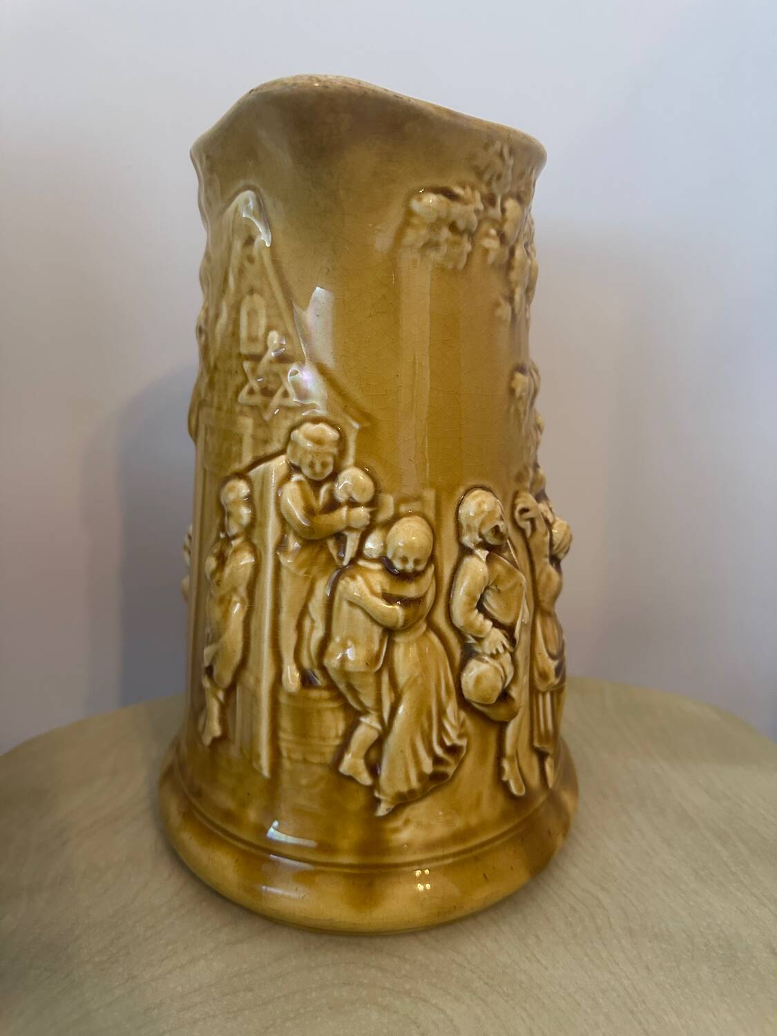 Old large Sarreguemines Majolica earthenware pitcher, vintage slip