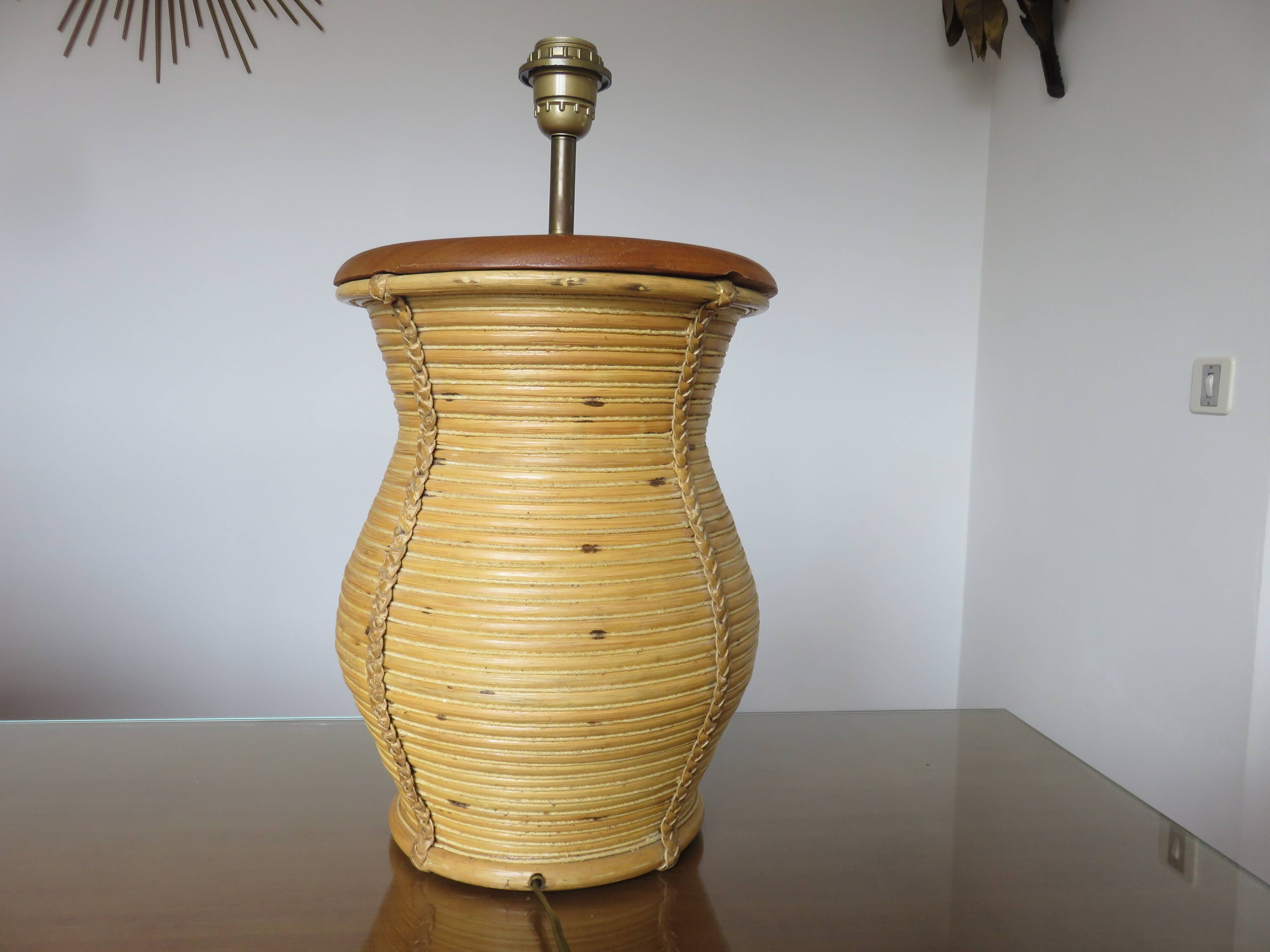 Rattan, leather, rope, and wood lamp in the style of Gabriella Crespi 60-70.