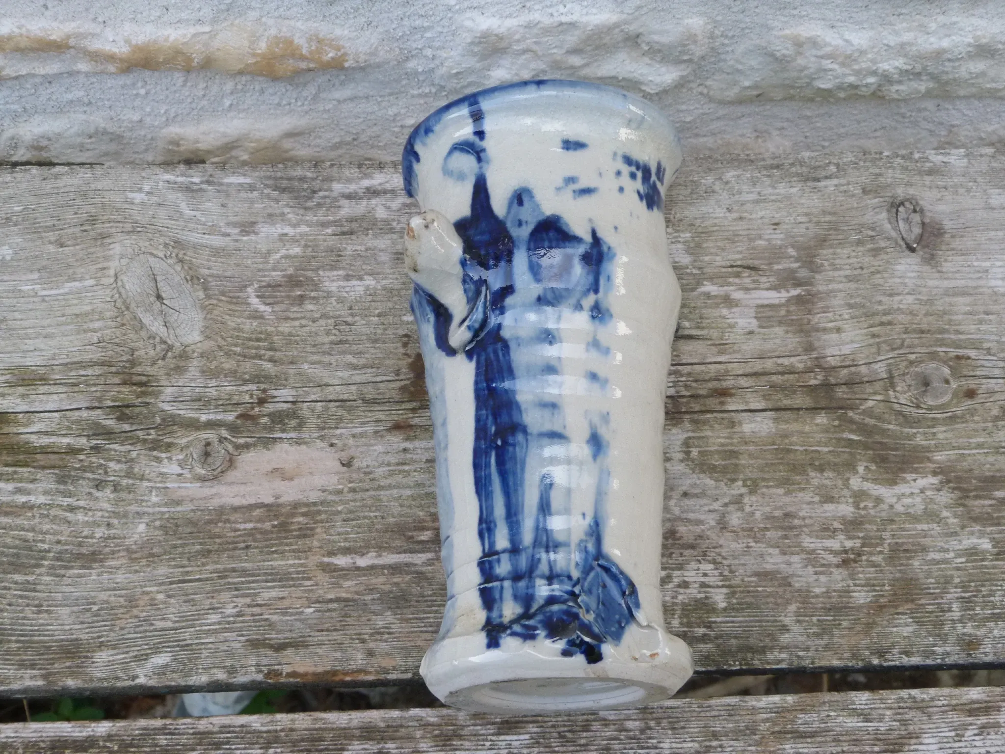 Vintage 1950 Brutalist vase in pottery with blue glazes, signed Blaso.