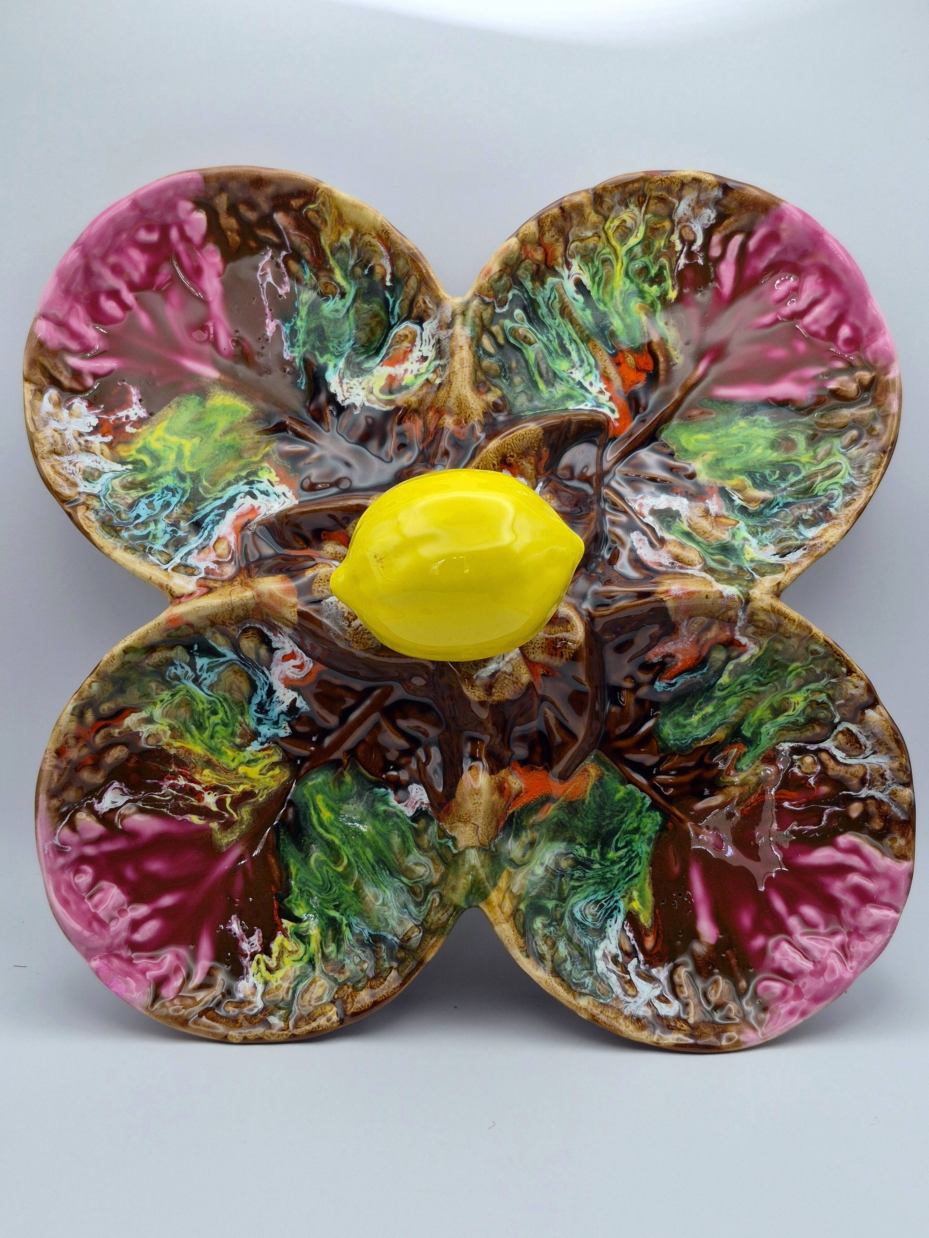 Vintage Vallauris A.M. plate – quadrilobed enamelled bowl with lemon – 50s