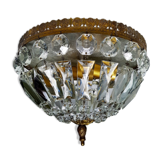 Plafonnier corbeille ancien à pampilles de cristal