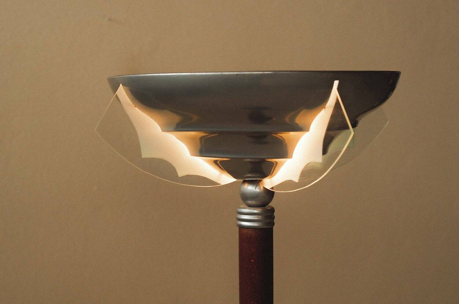 Art Deco floor lamp in oak, metal and glass, circa 1930