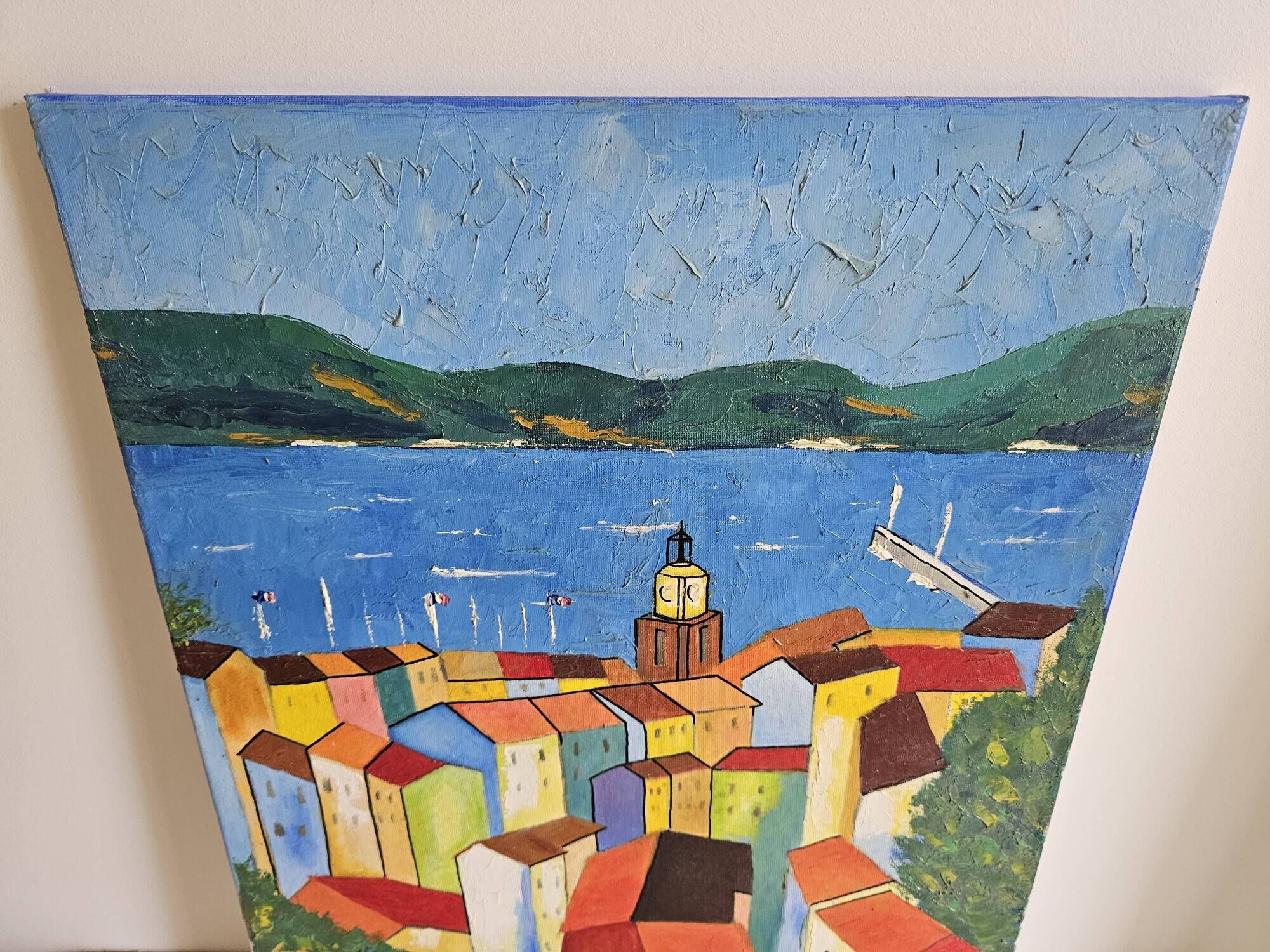 Oil painting - Colourful view of the rooftops of the village of Saint-Tropez