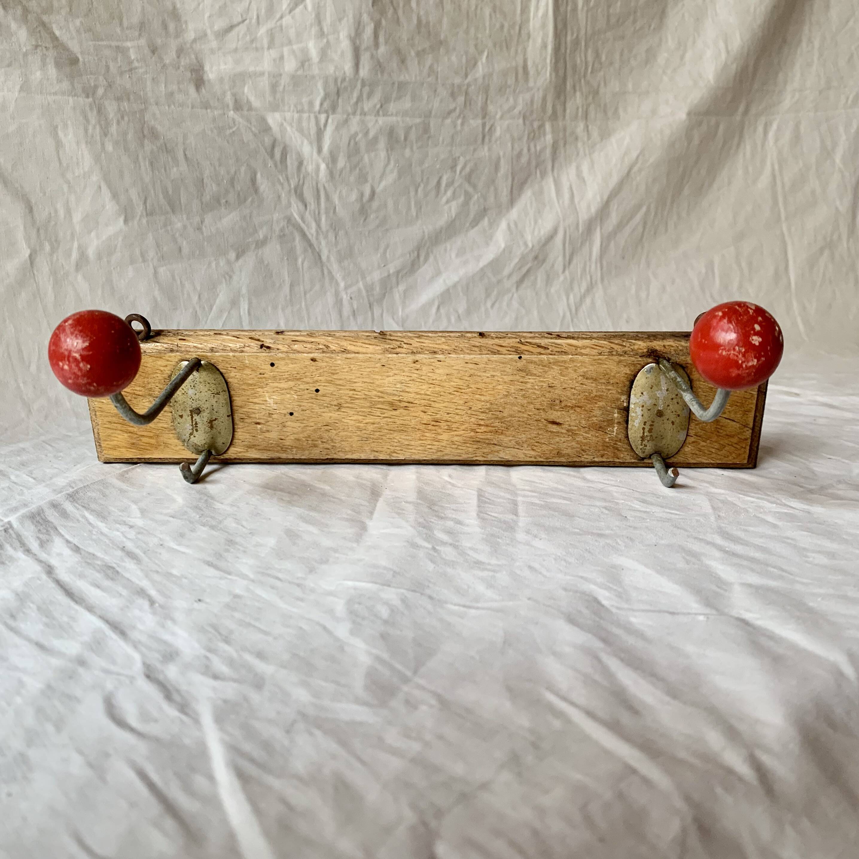 Vintage coat rack - double coat hook - red wooden balls