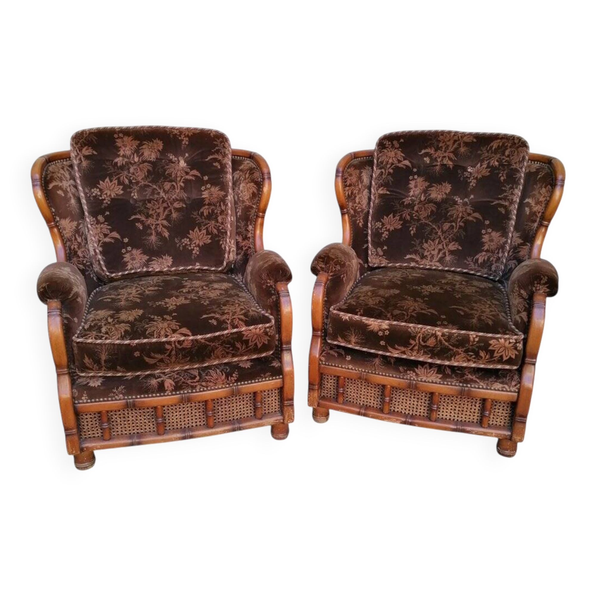 Poltrone bergère italiane in velluto e paglia di Vienna, anni '70, set di 2