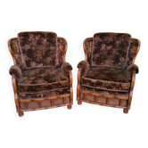Poltrone bergère italienne en velours et paglia di Vienna, années '70, set de 2