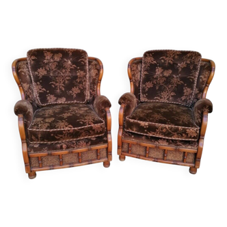 Poltrone bergère italiane in velluto e paglia di Vienna, anni '70, set di 2