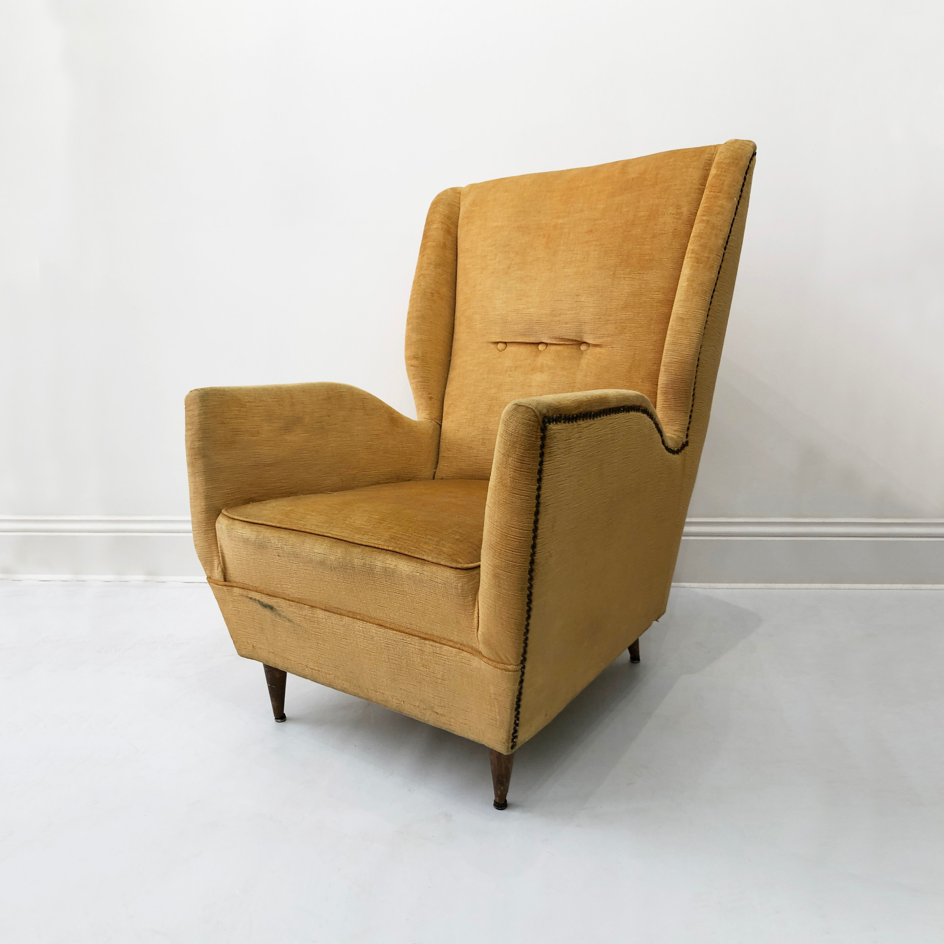Vintage yellow wingback armchair 1950s mid-century modernist