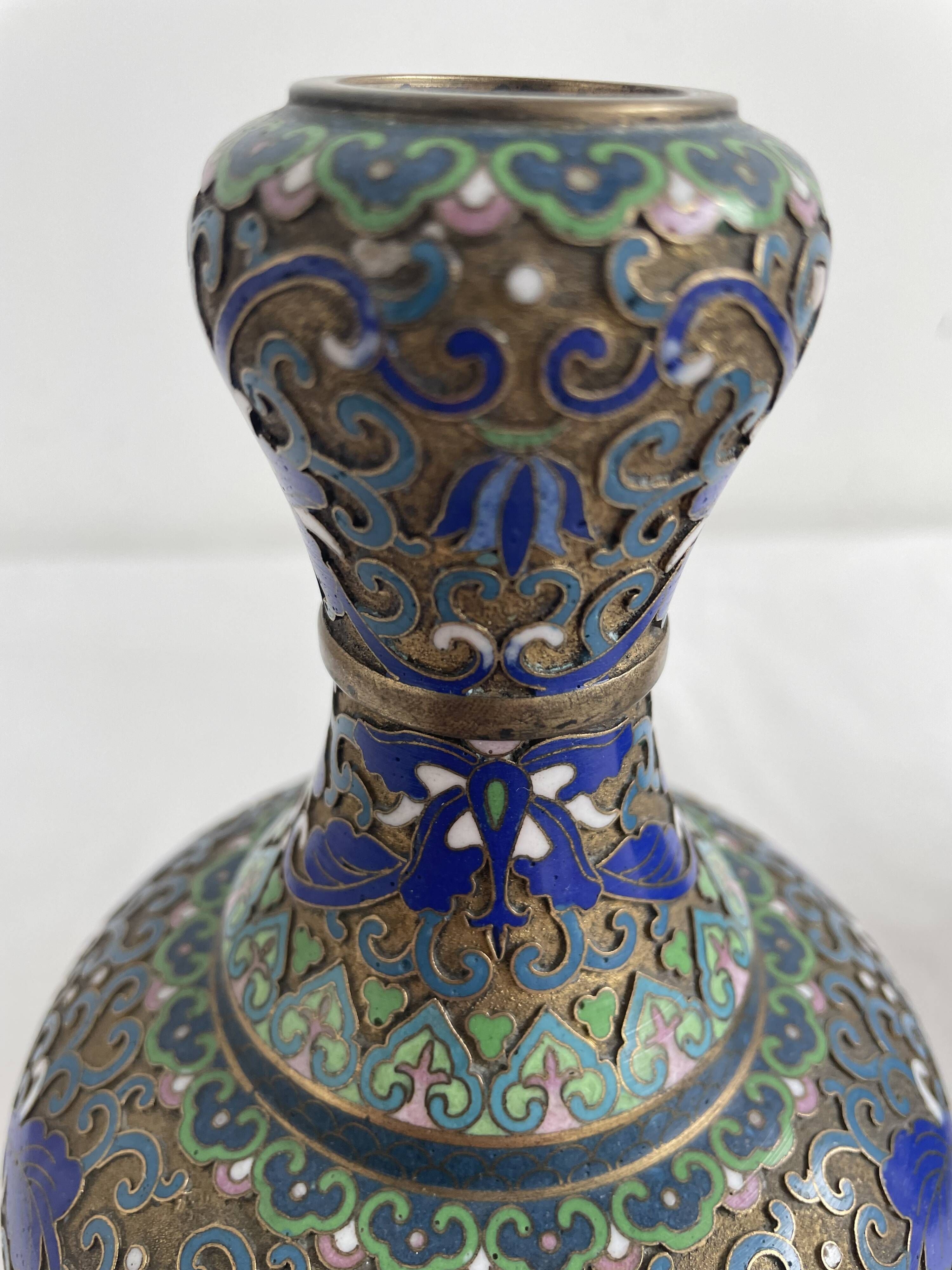 Vintage, pair of vases, Chinese, cloisonné metal, enameled, polychrome floral decor, golden hoop