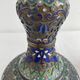Vintage, pair of vases, Chinese, cloisonné metal, enameled, polychrome floral decor, golden hoop