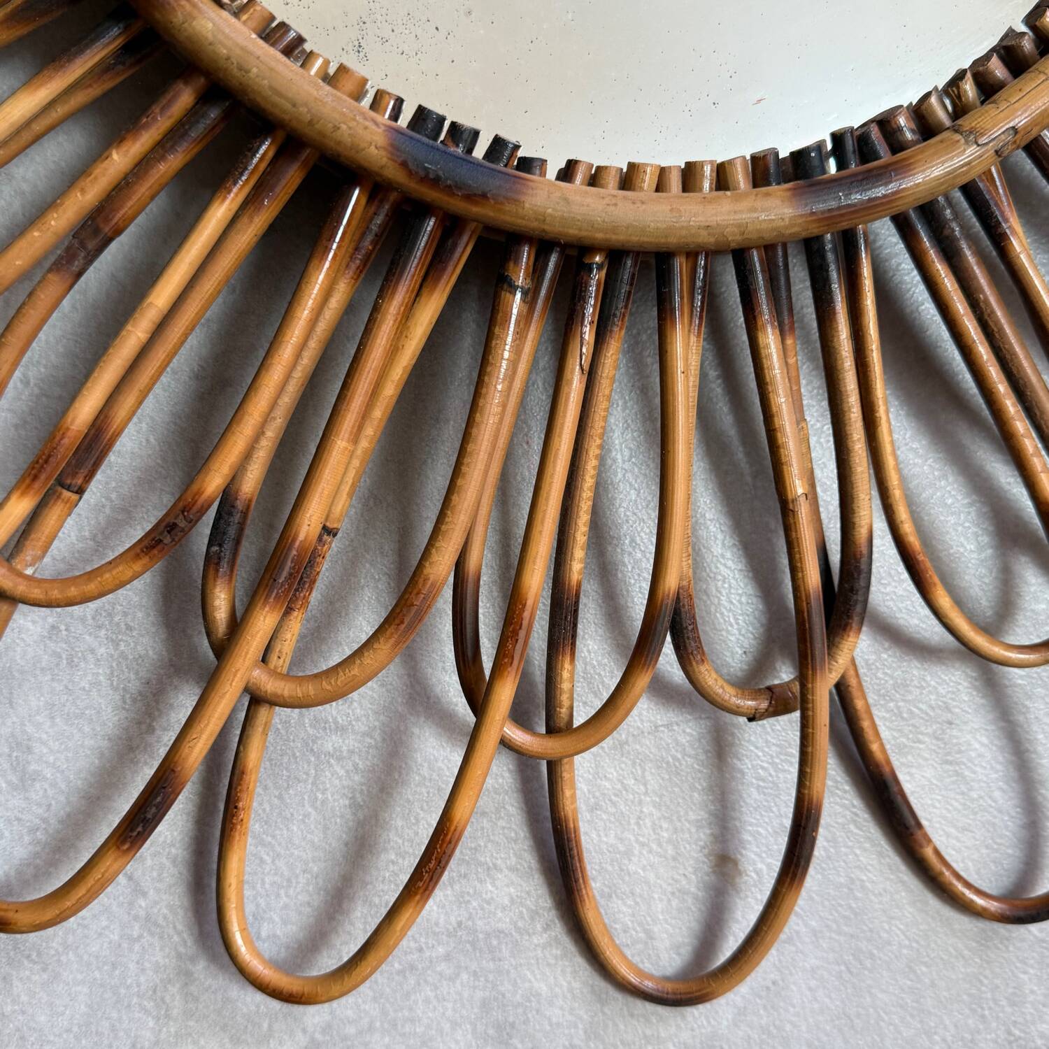 1950s French rattan sun mirror