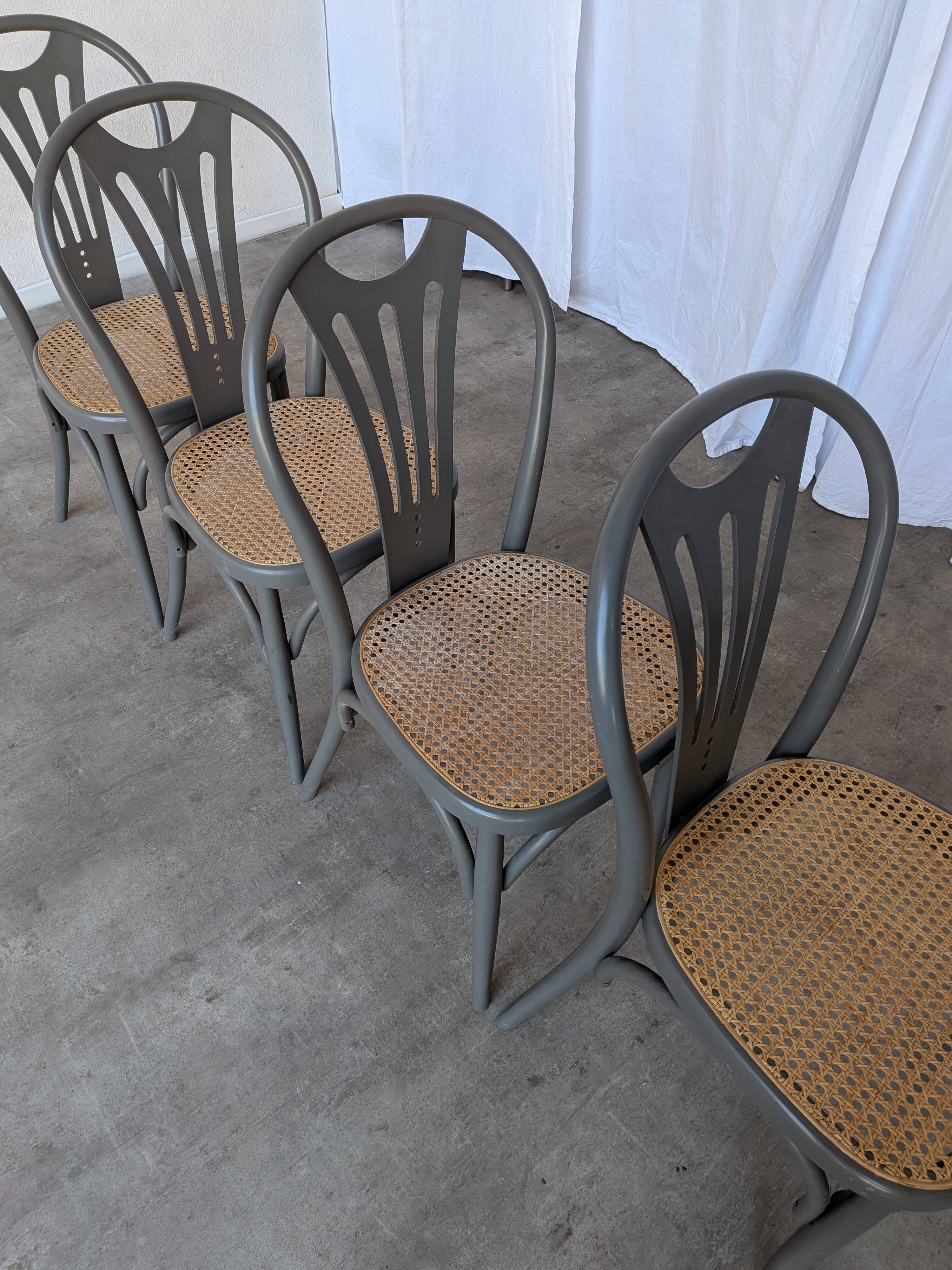 Set of 4 Vintage Gray Thonet Style Dining Chairs with Cane Seat