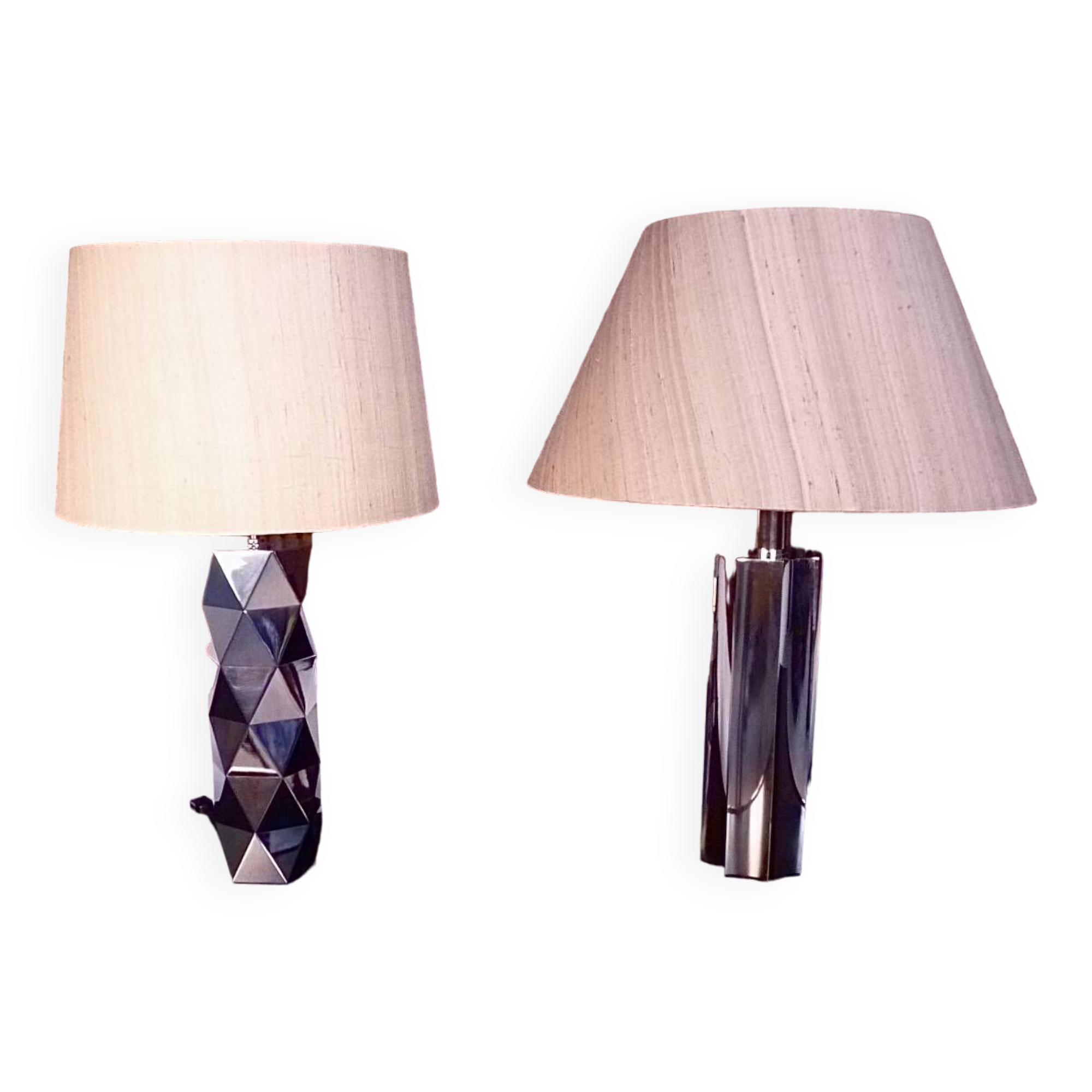 Set of 2 Brutalist Sculptural Chromed Metal Table Lamps, Italy 1960s