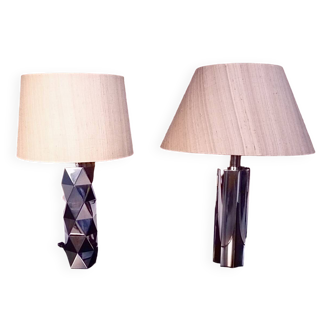 Set of 2 Brutalist Sculptural Chromed Metal Table Lamps, Italy 1960s