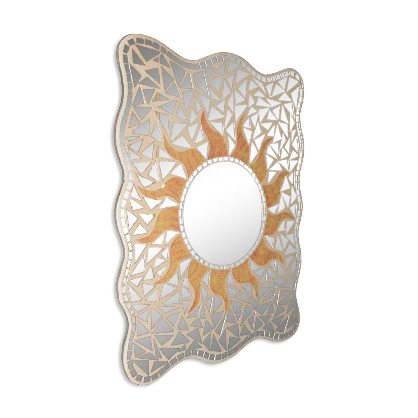 Orange Glass Mosaic Sunburst Mirror on Wood Backing, Vintage 1970s Italian Boho Wall Decor, Unique