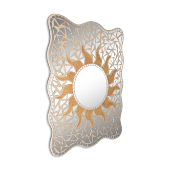 Orange Glass Mosaic Sunburst Mirror on Wood Backing, Vintage 1970s Italian Boho Wall Decor, Unique