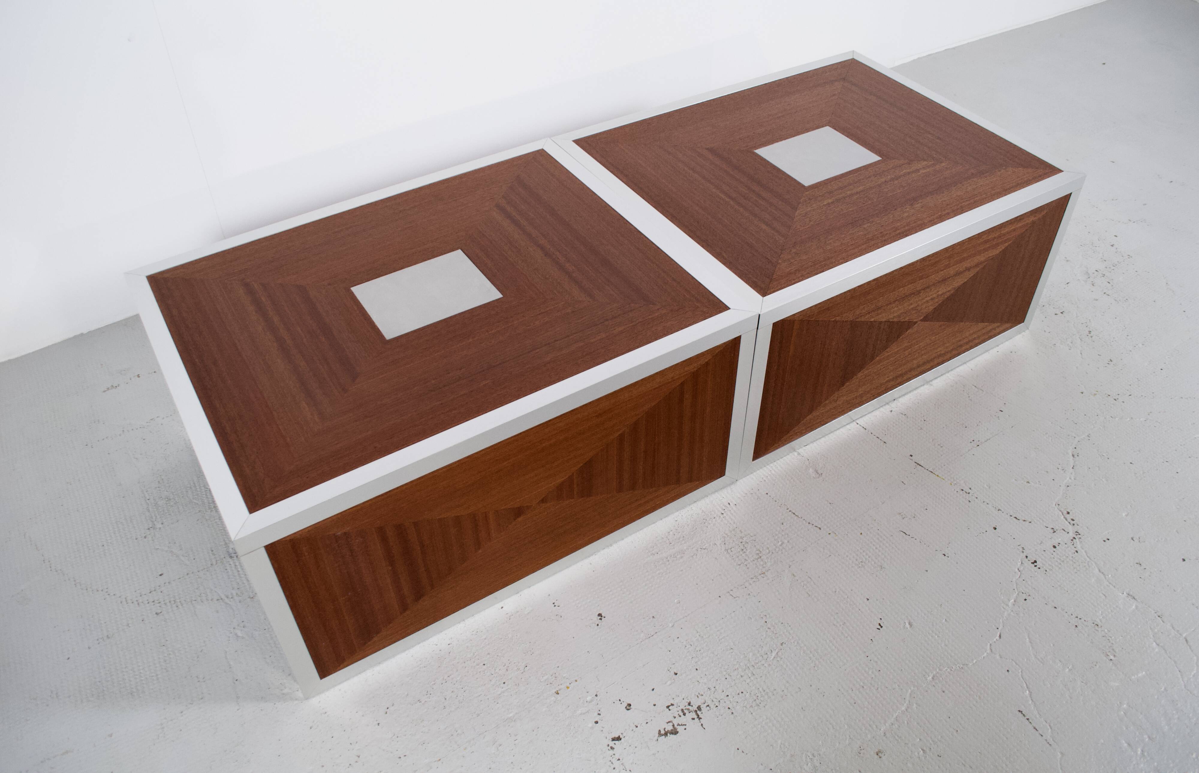 Pair of 70's aluminum and mahogany coffee/sofa end tables