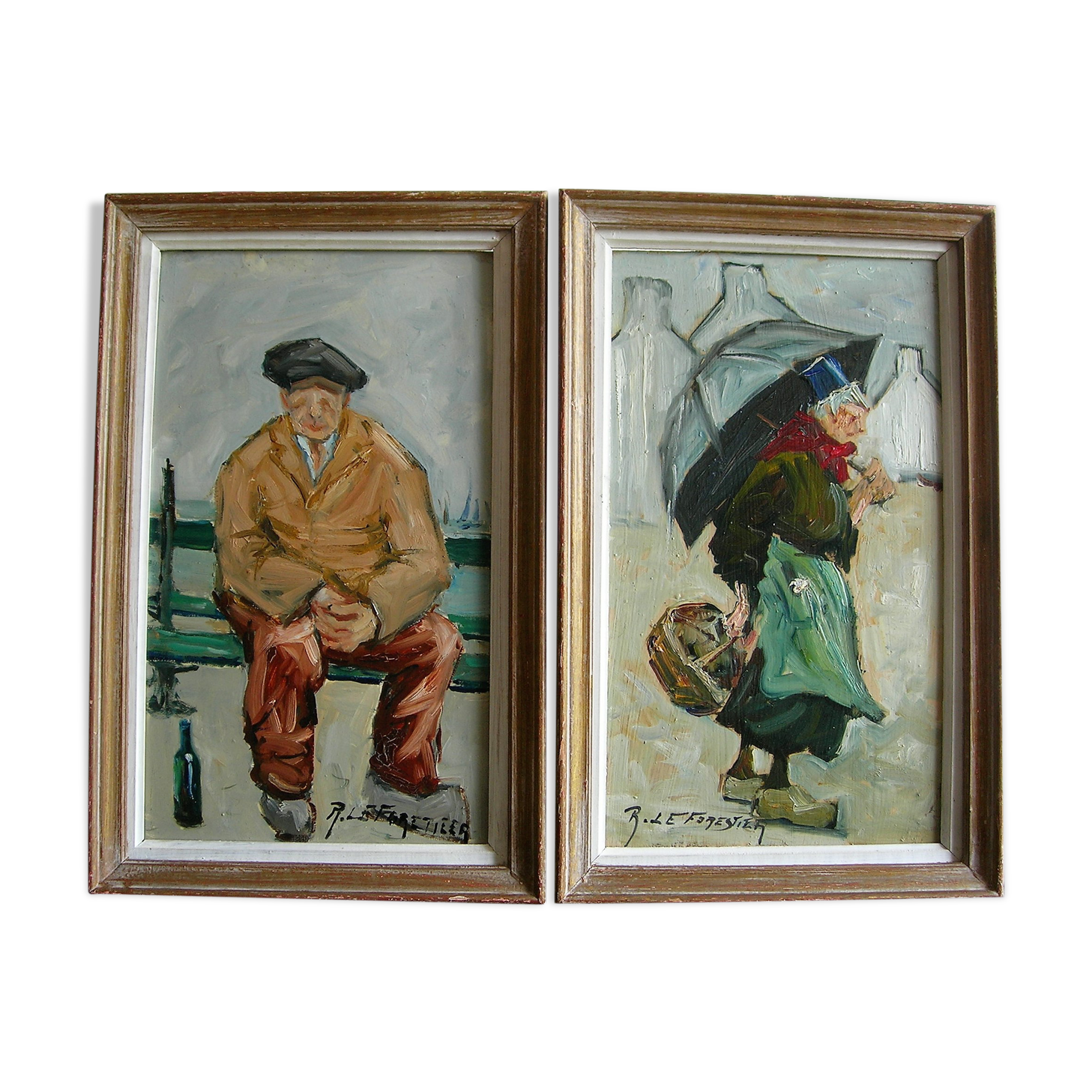 Old paintings Seated Man and Woman with the Umbrella by René. THE FORESTER (1903-1972)